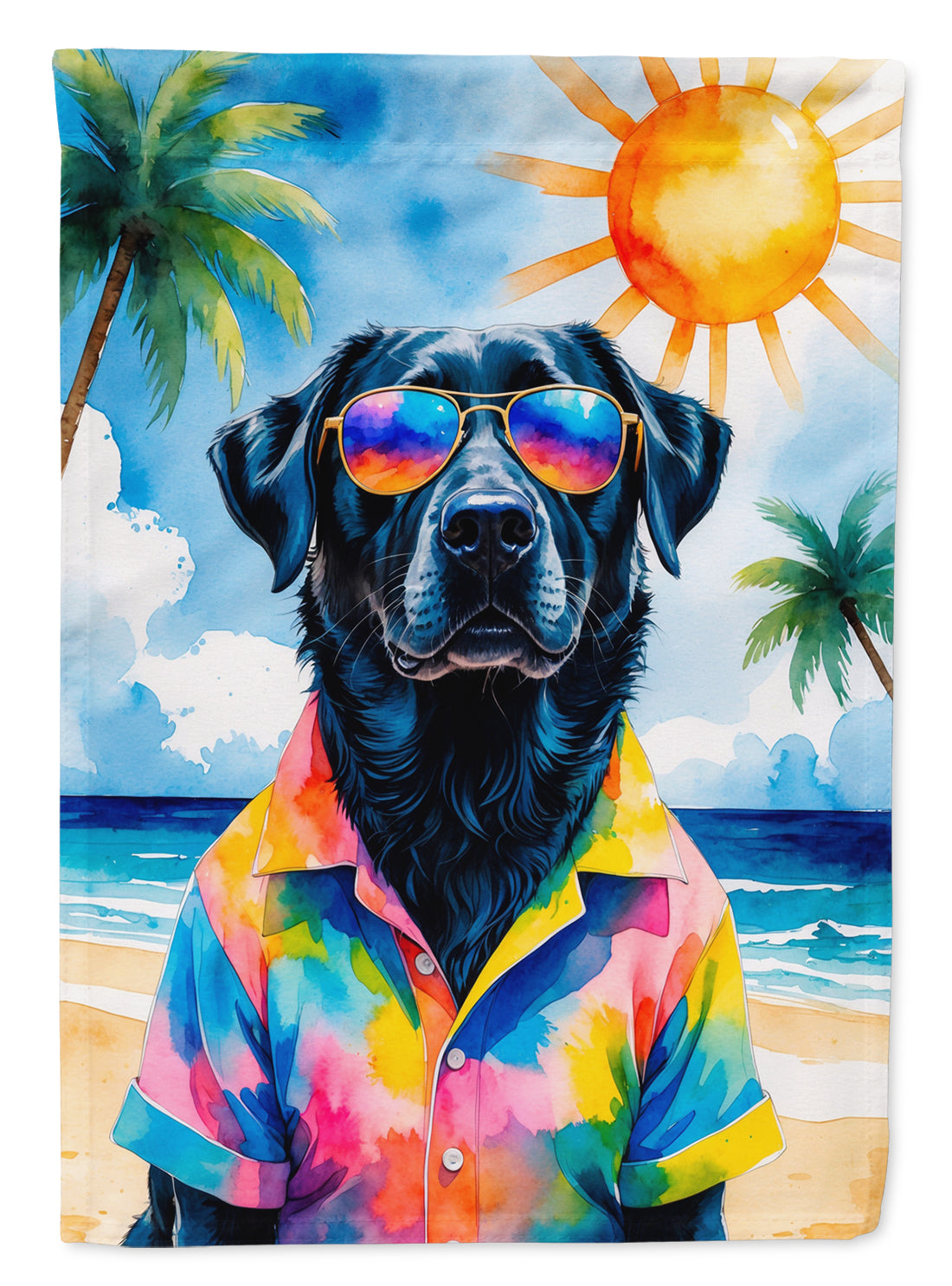 Black Labrador Retriever Summer Beach Time House Flag 28x40 Porch Sleeve Pole Decorative Outside Yard Banner Artwork Wall Hanging, Polyester