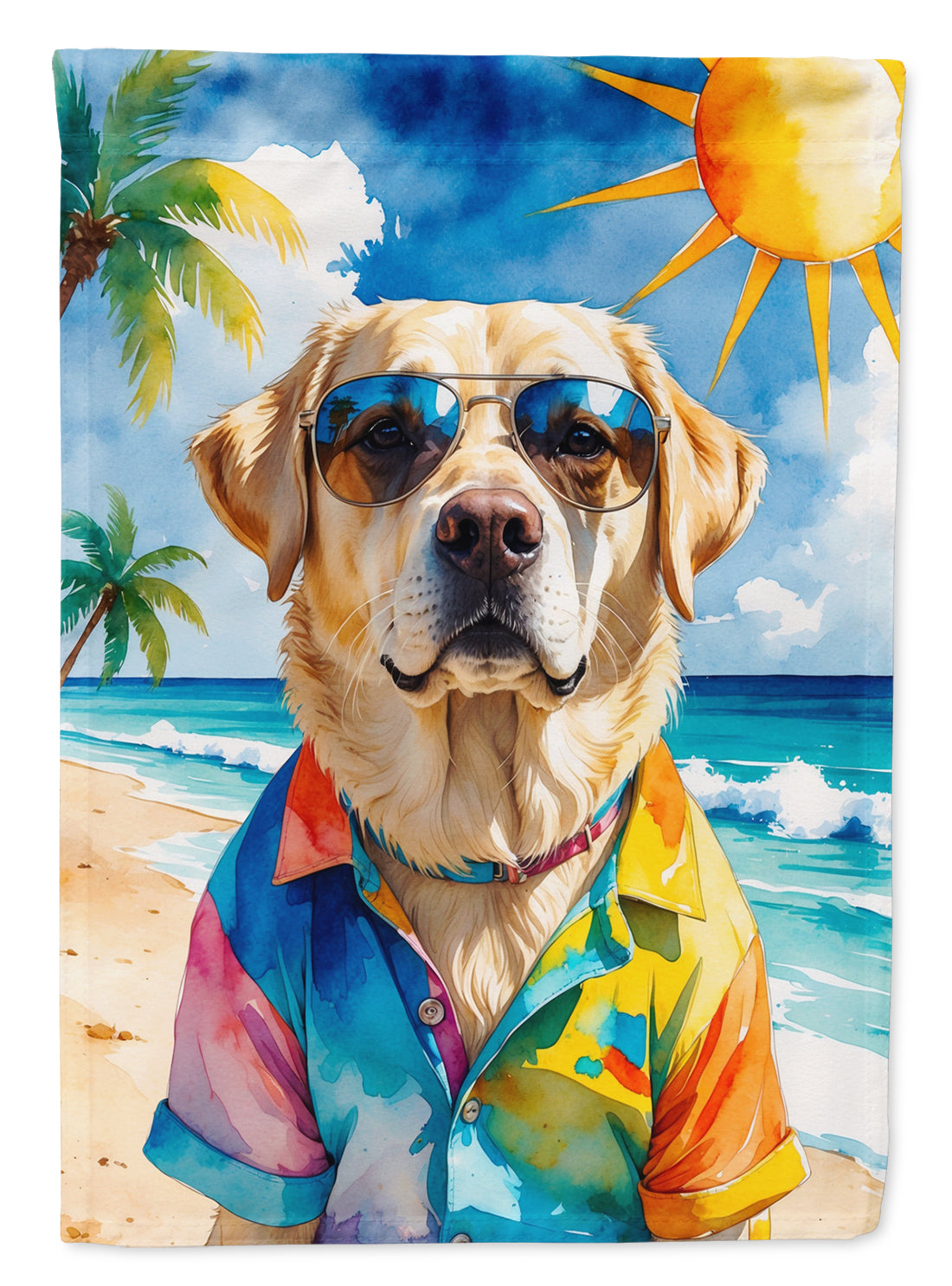 Yellow Labrador Retriever Summer Beach Time House Flag 28x40 Porch Sleeve Pole Decorative Outside Yard Banner Artwork Wall Hanging, Polyester