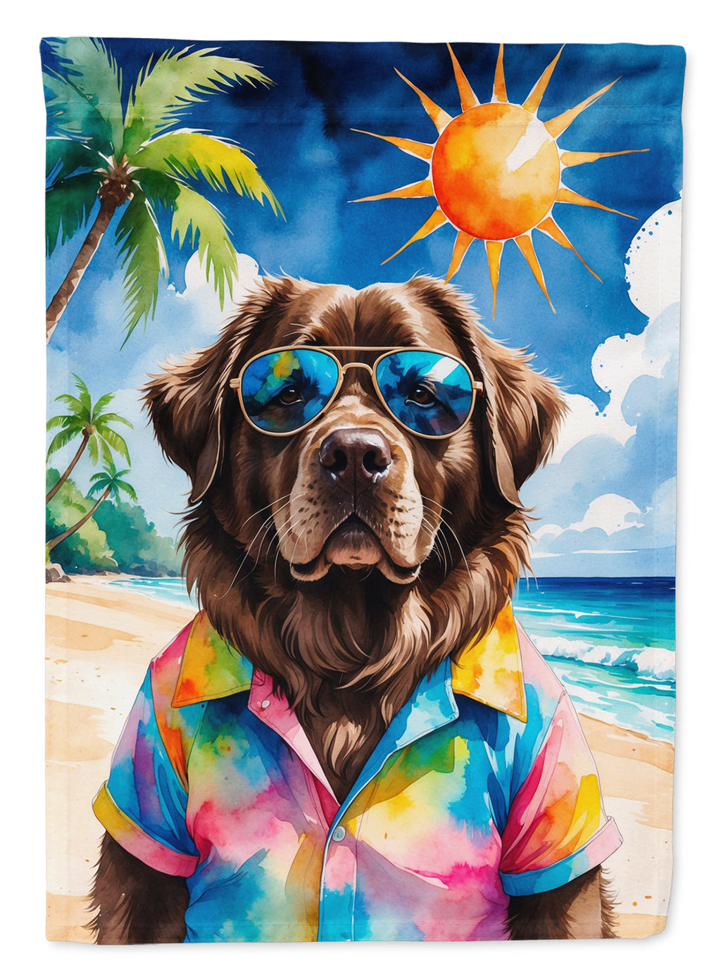 Chocolate Newfoundland Summer Beach Time House Flag 28x40 Porch Sleeve Pole Decorative Outside Yard Banner Artwork Wall Hanging, Polyester