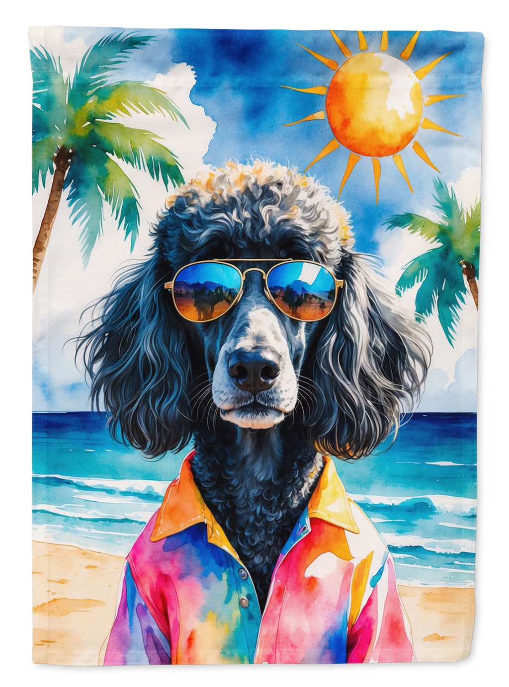 Black Poodle Summer Beach Time House Flag 28x40 Porch Sleeve Pole Decorative Outside Yard Banner Artwork Wall Hanging, Polyester