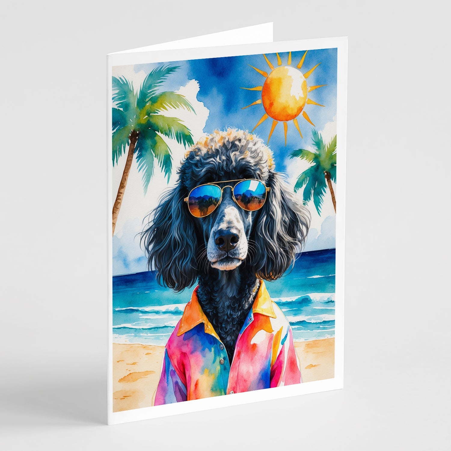 Black Poodle Summer Beach Time Greeting Cards Pack of 8 Blank Cards with Envelopes Whimsical A7 Size 5x7