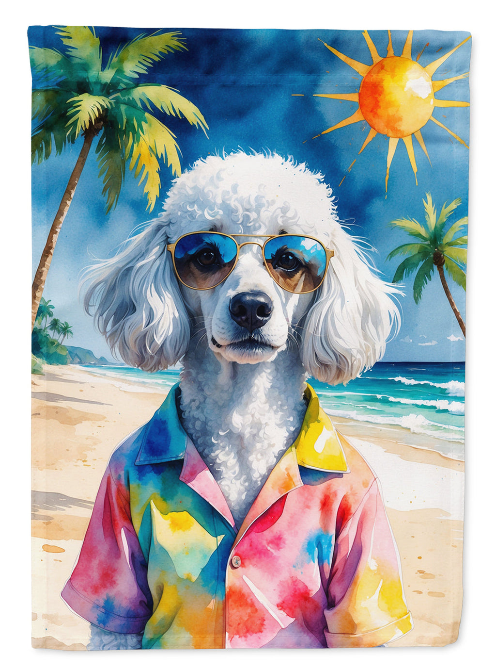 White Poodle Summer Beach Time House Flag 28x40 Porch Sleeve Pole Decorative Outside Yard Banner Artwork Wall Hanging, Polyester