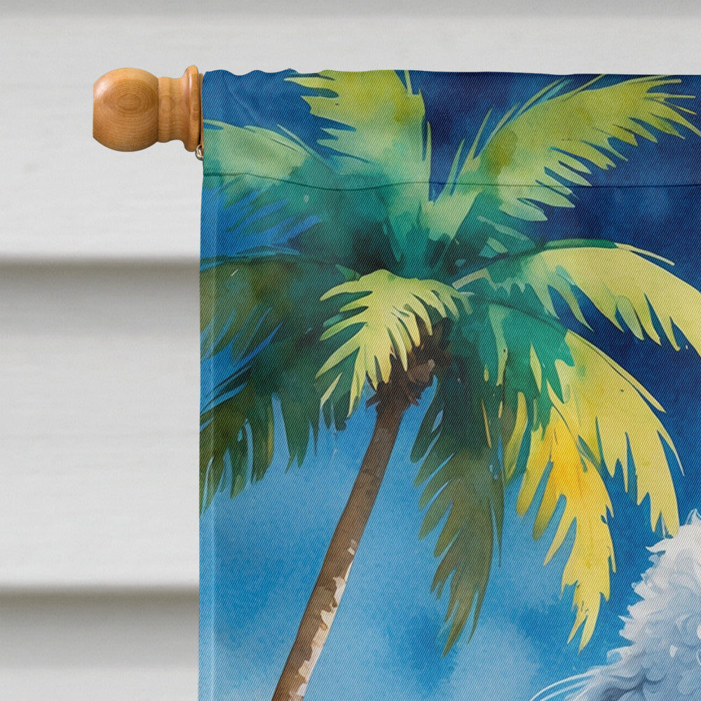 White Poodle Summer Beach Time House Flag 28x40 Porch Sleeve Pole Decorative Outside Yard Banner Artwork Wall Hanging, Polyester