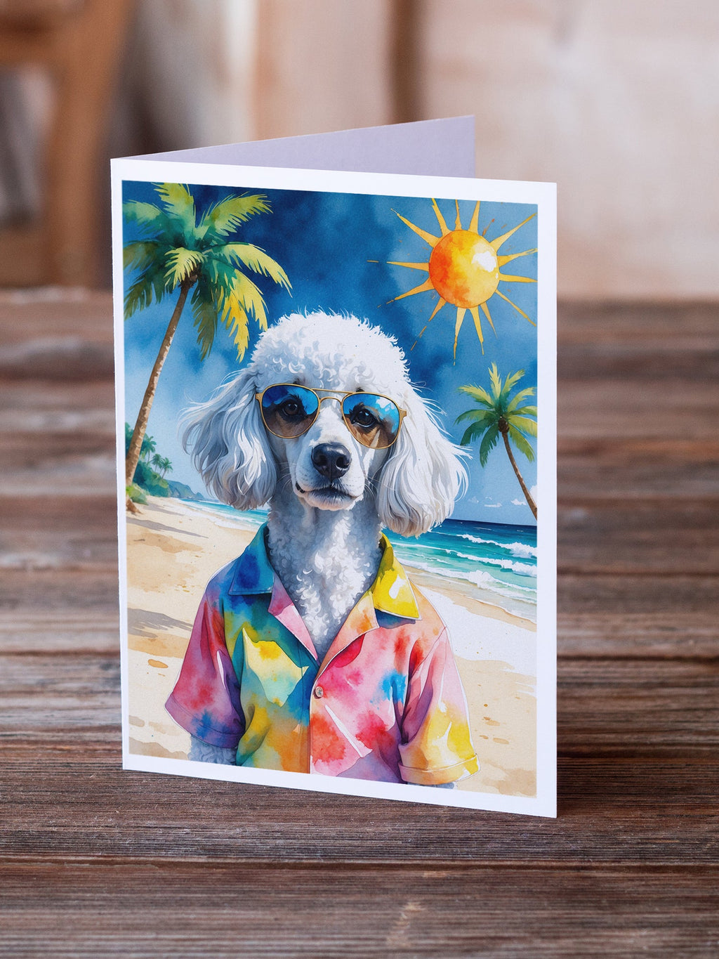 White Poodle Summer Beach Time Greeting Cards Pack of 8 Blank Cards with Envelopes Whimsical A7 Size 5x7