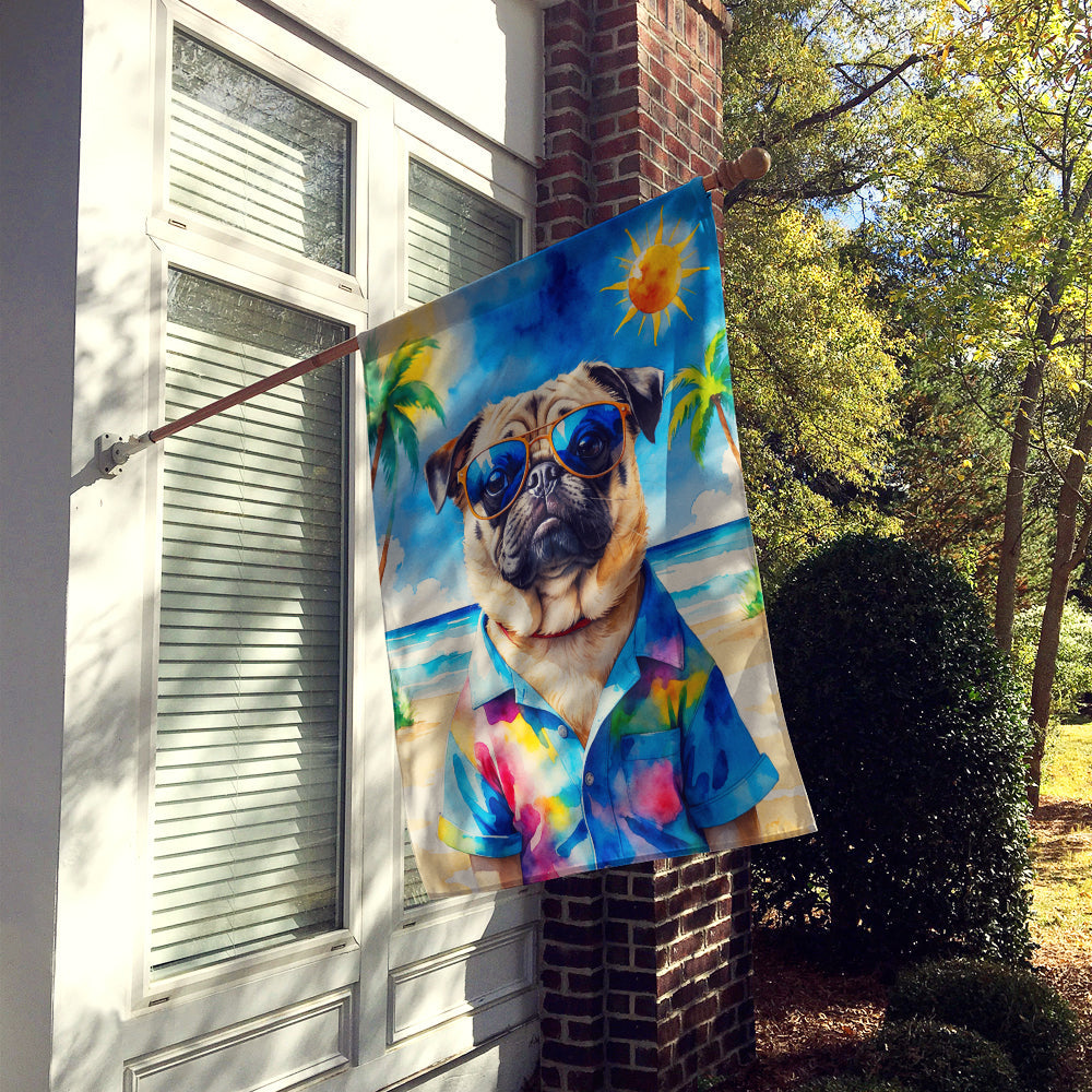 Pug Summer Beach Time House Flag 28x40 Porch Sleeve Pole Decorative Outside Yard Banner Artwork Wall Hanging, Polyester