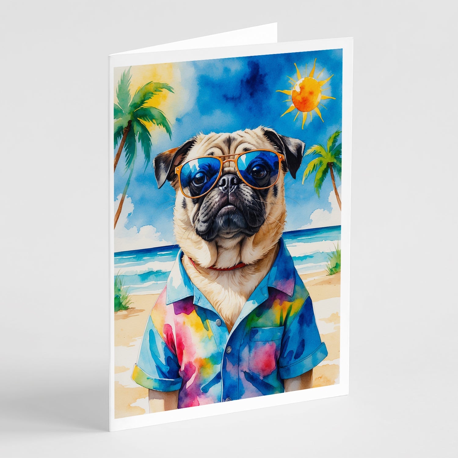 Pug Summer Beach Time Greeting Cards Pack of 8 Blank Cards with Envelopes Whimsical A7 Size 5x7