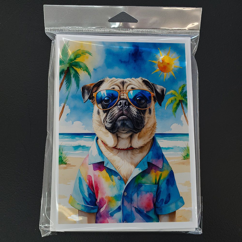 Pug Summer Beach Time Greeting Cards Pack of 8 Blank Cards with Envelopes Whimsical A7 Size 5x7