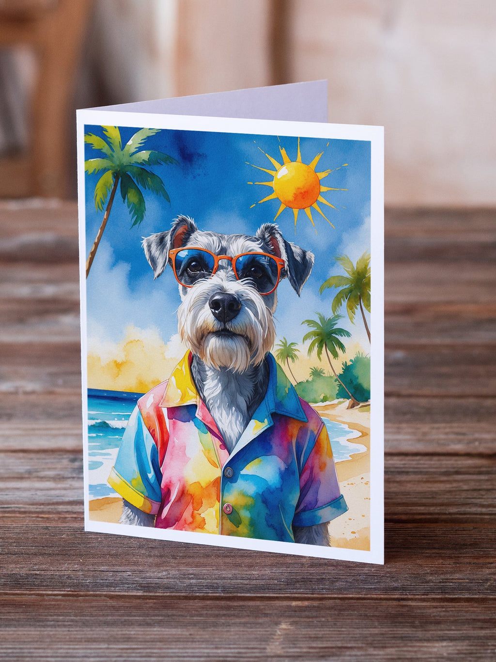 Schnauzer Summer Beach Time Greeting Cards Pack of 8 Blank Cards with Envelopes Whimsical A7 Size 5x7