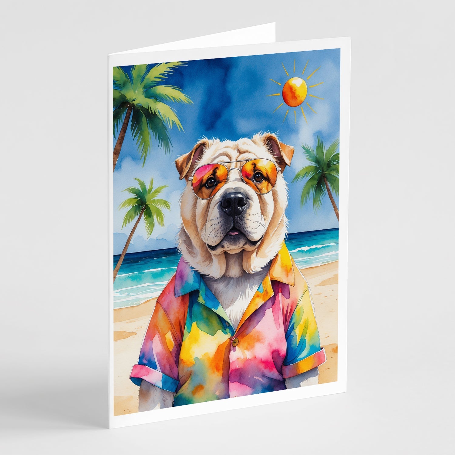 Shar Pei Summer Beach Time Greeting Cards Pack of 8 Blank Cards with Envelopes Whimsical A7 Size 5x7
