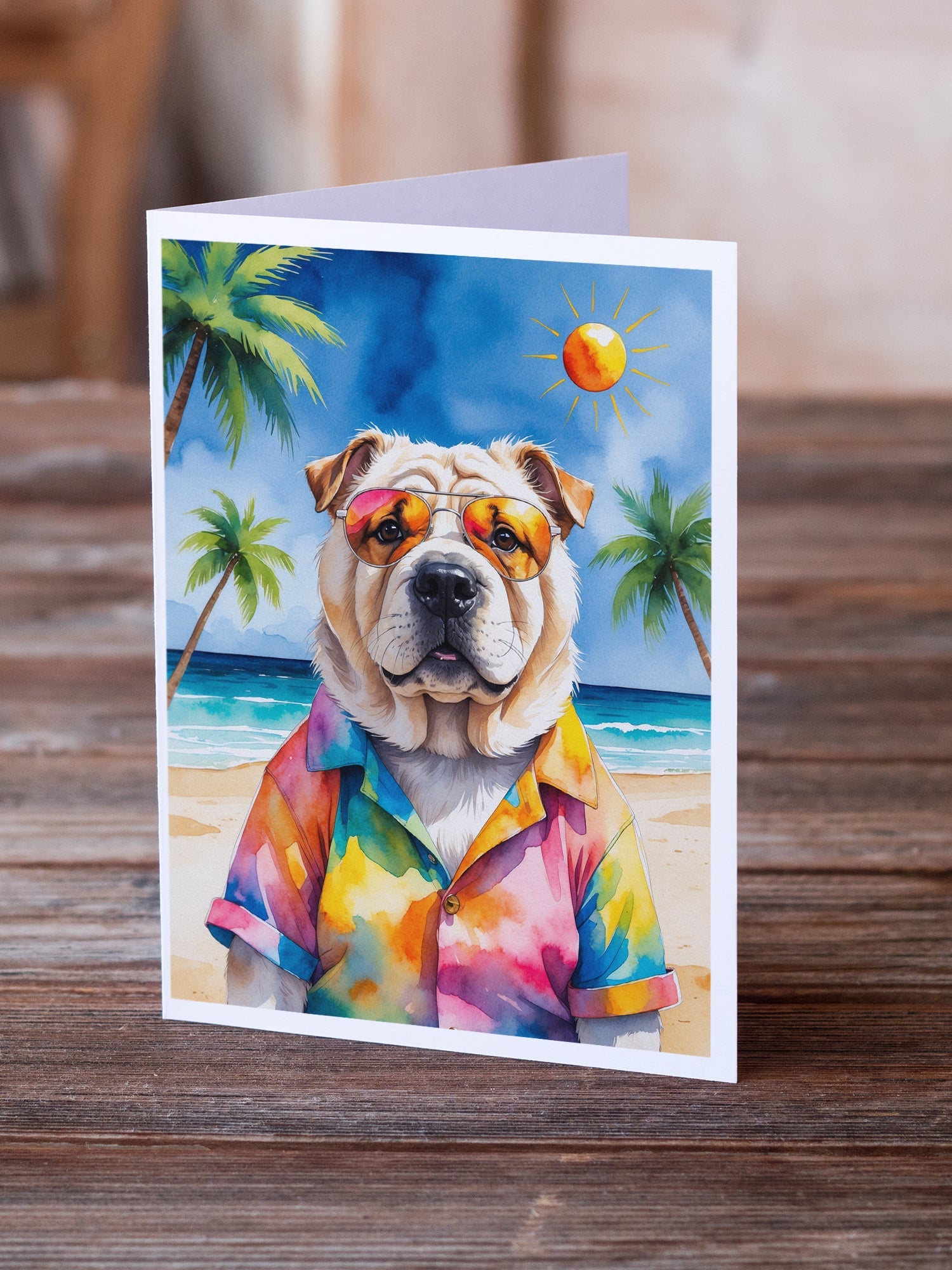 Shar Pei Summer Beach Time Greeting Cards Pack of 8 Blank Cards with Envelopes Whimsical A7 Size 5x7