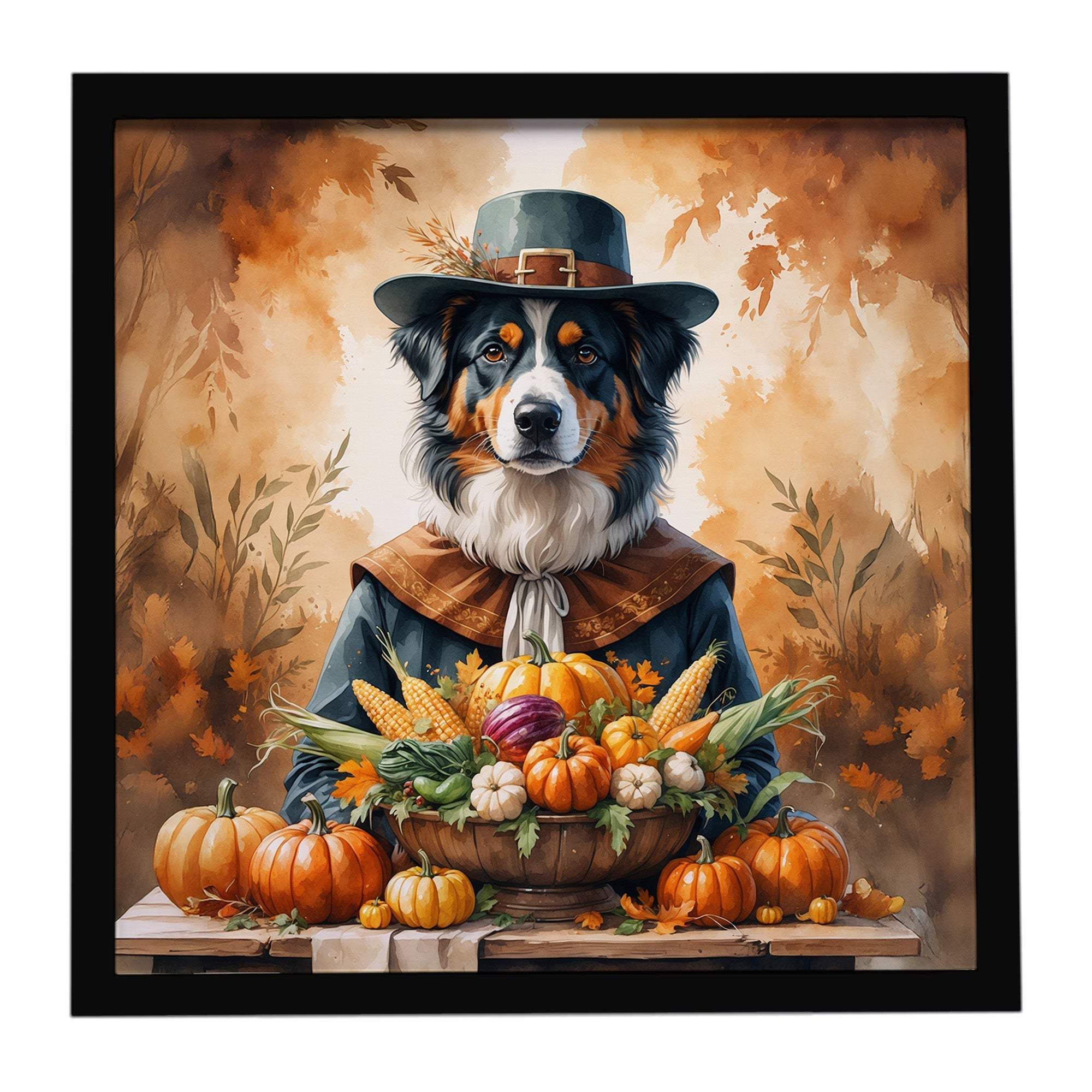 Australian Shepherd Thanksgiving Framed Metal Print Bathroom, Kitchen, Office, Home Decor Wall Art Ready to Hang, Square, 8X8