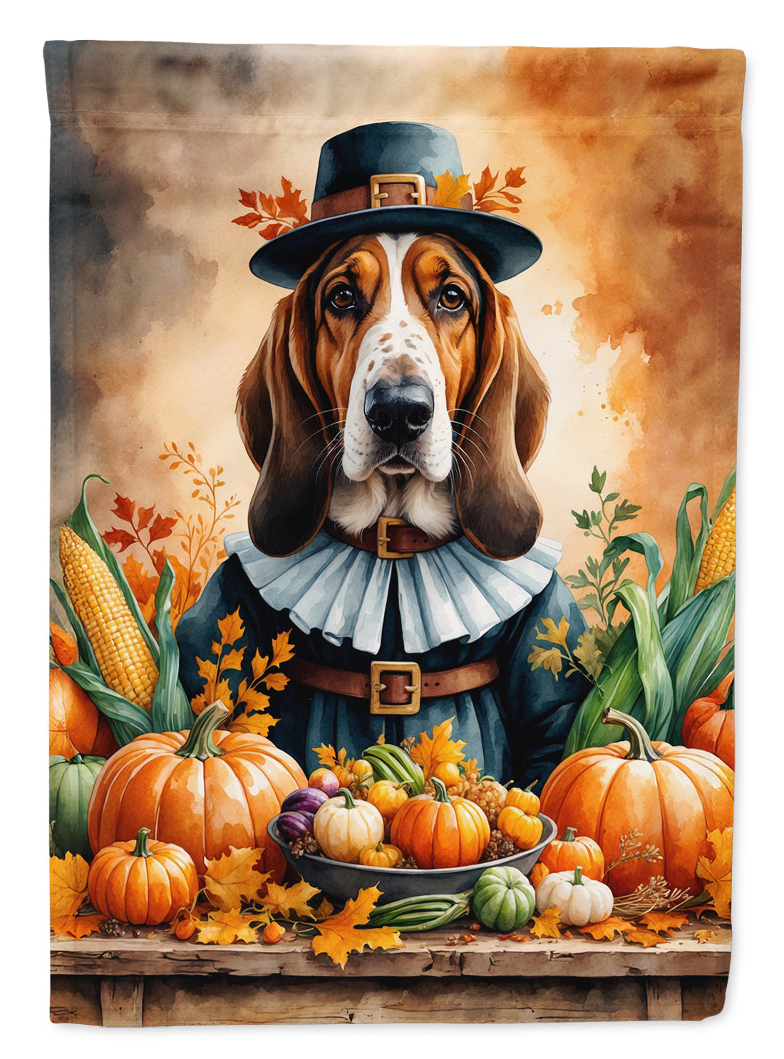 Basset Hound Thanksgiving House Flag 28x40 Porch Sleeve Pole Decorative Outside Yard Banner Artwork Wall Hanging, Polyester