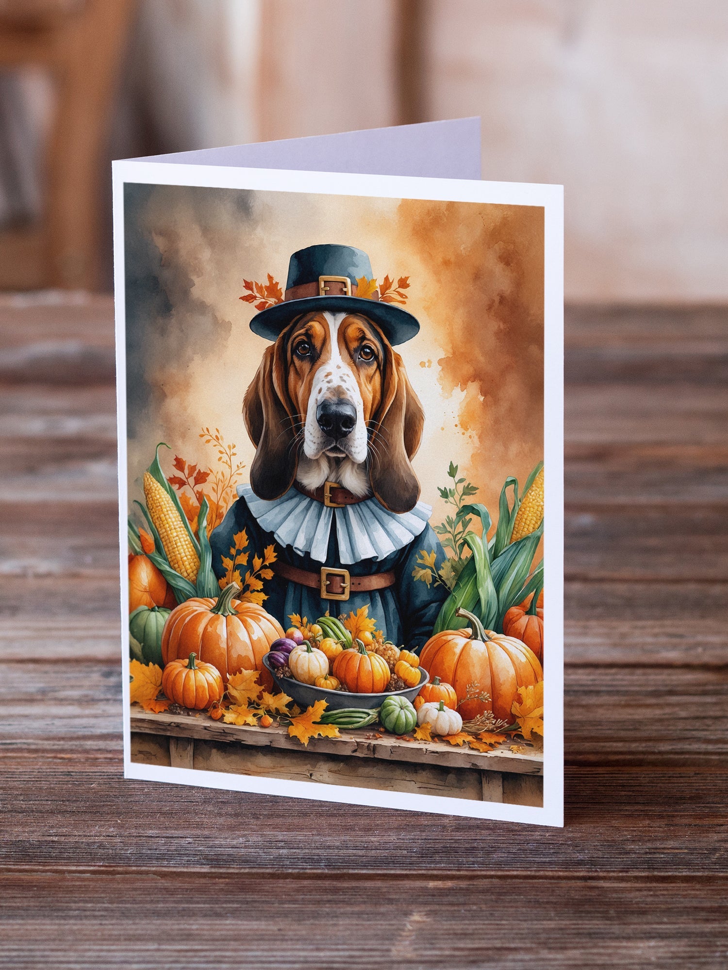 Basset Hound Thanksgiving Greeting Cards Pack of 8 Blank Cards with Envelopes Whimsical A7 Size 5x7