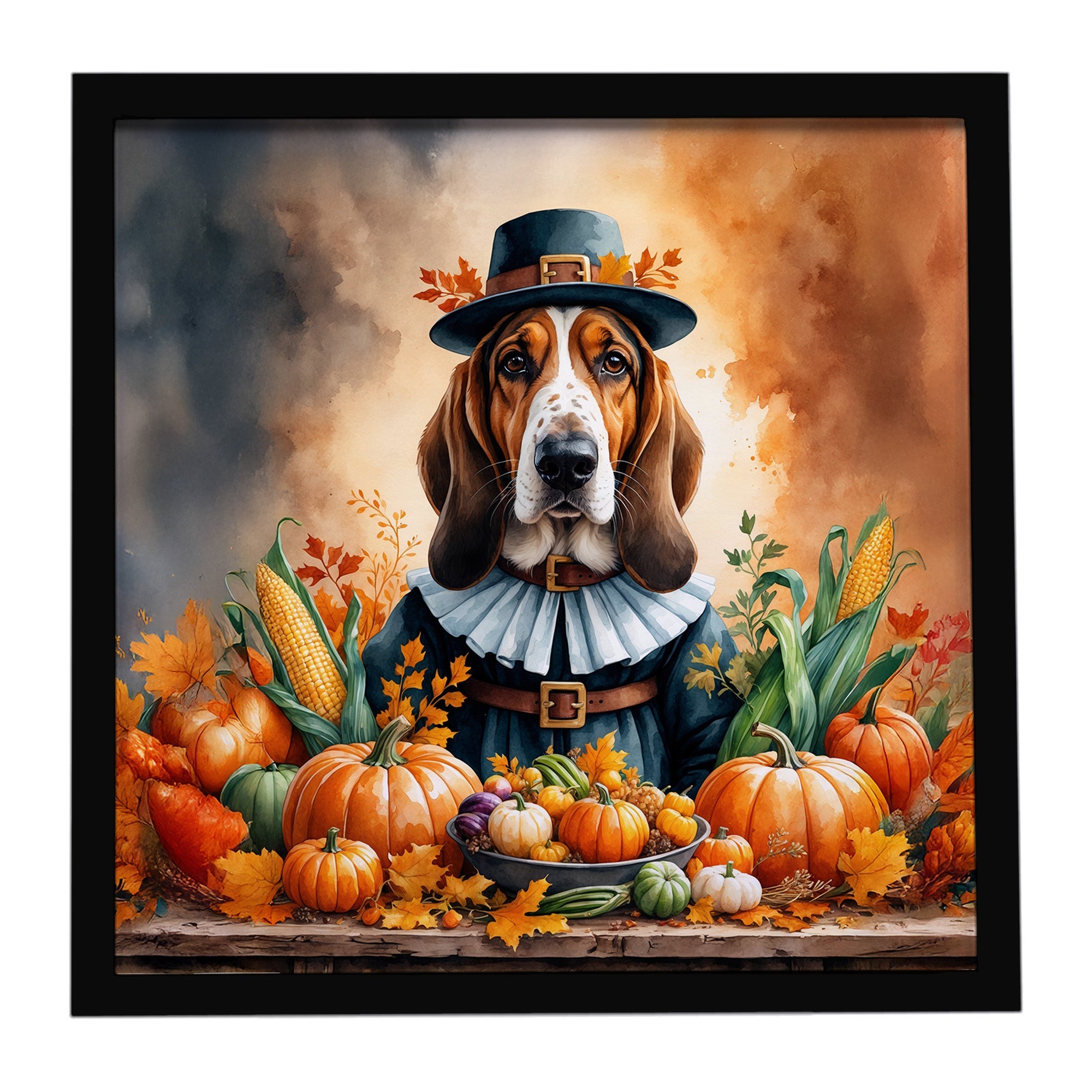Basset Hound Thanksgiving Framed Metal Print Bathroom, Kitchen, Office, Home Decor Wall Art Ready to Hang, Square, 8X8