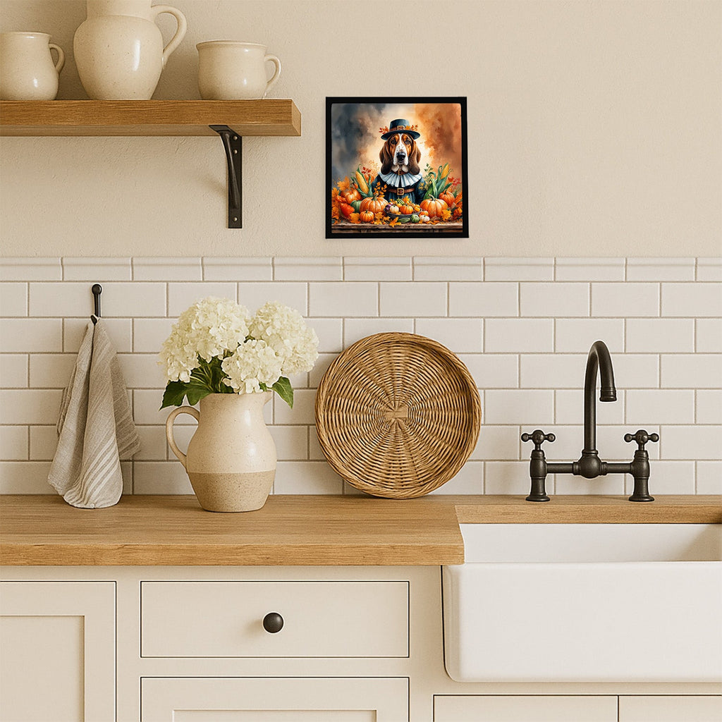 Basset Hound Thanksgiving Framed Metal Print Bathroom, Kitchen, Office, Home Decor Wall Art Ready to Hang, Square, 8X8