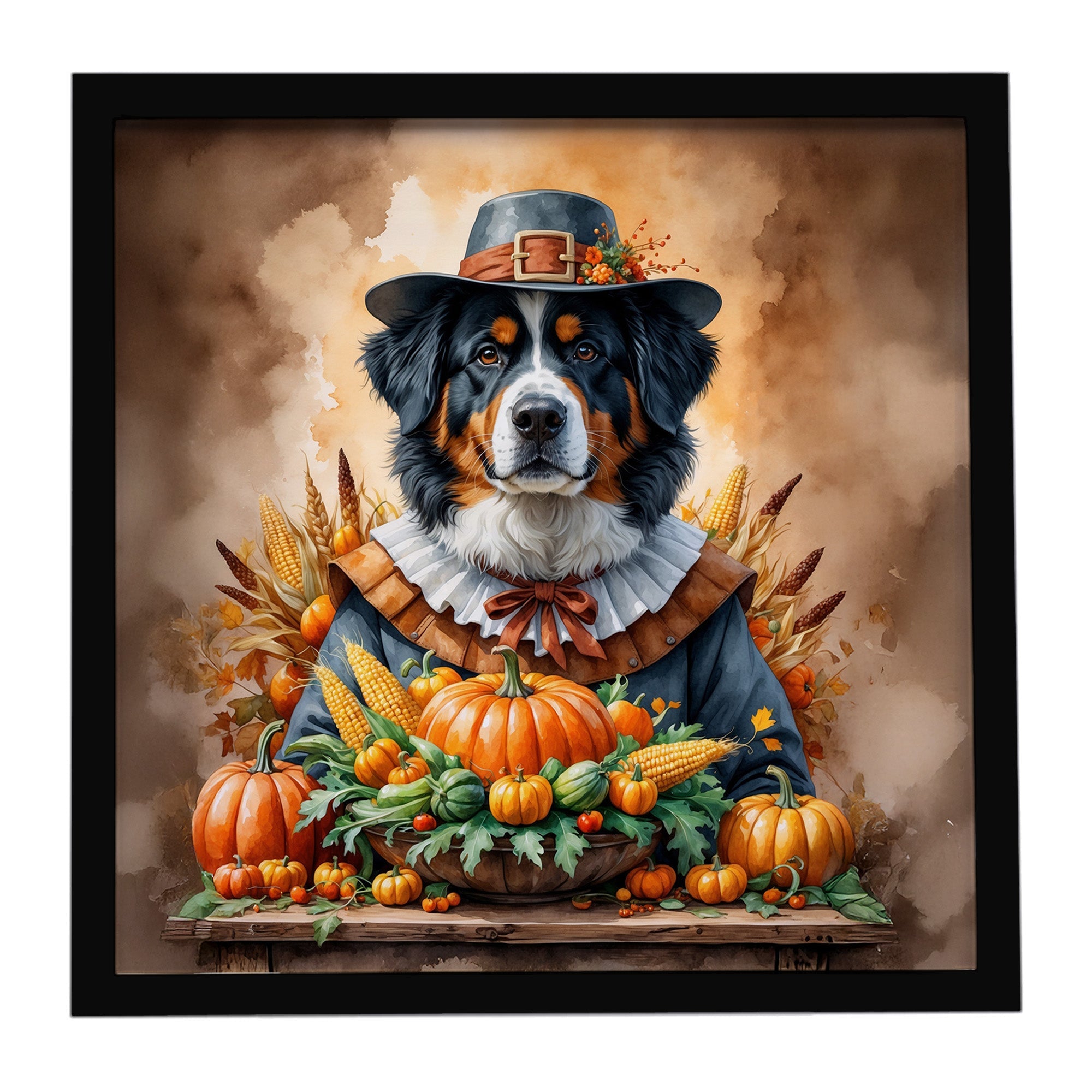 Bernese Mountain Dog Thanksgiving Framed Metal Print Bathroom, Kitchen, Office, Home Decor Wall Art Ready to Hang, Square, 8X8