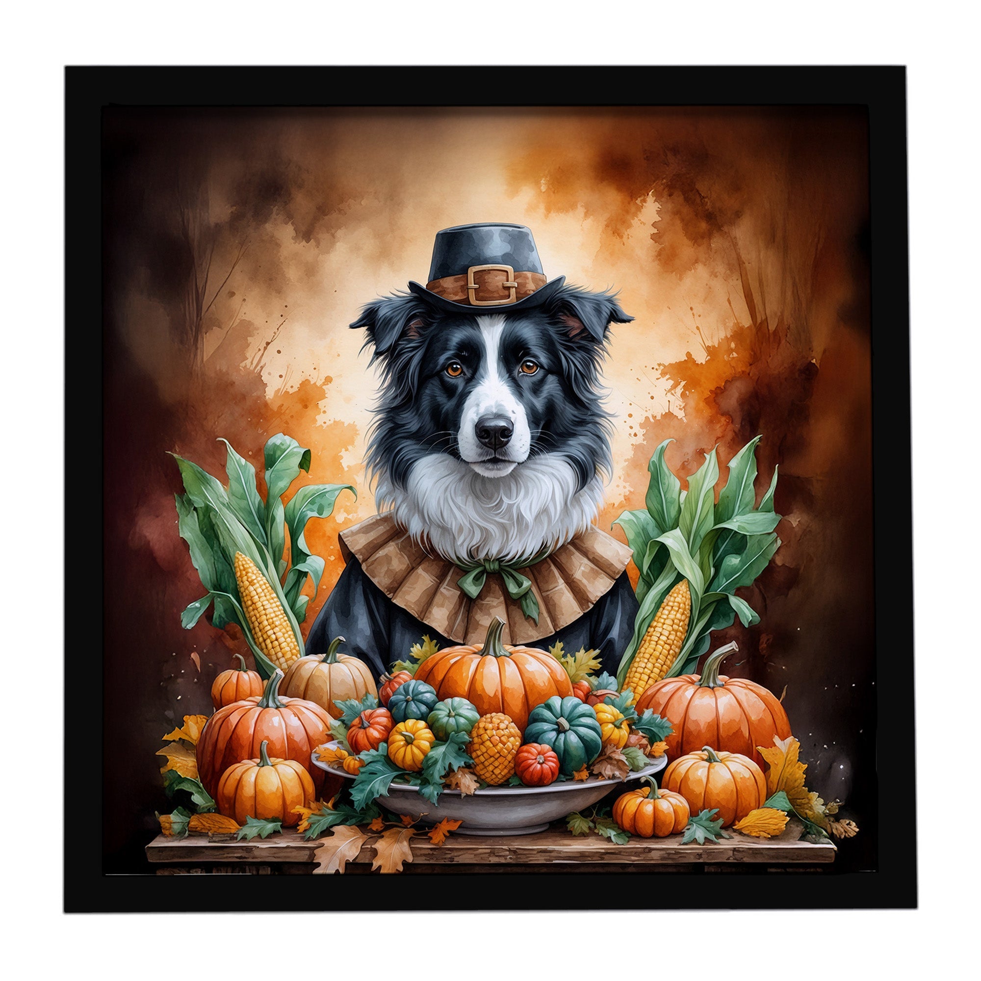 Border Collie Thanksgiving Framed Metal Print Bathroom, Kitchen, Office, Home Decor Wall Art Ready to Hang, Square, 8X8