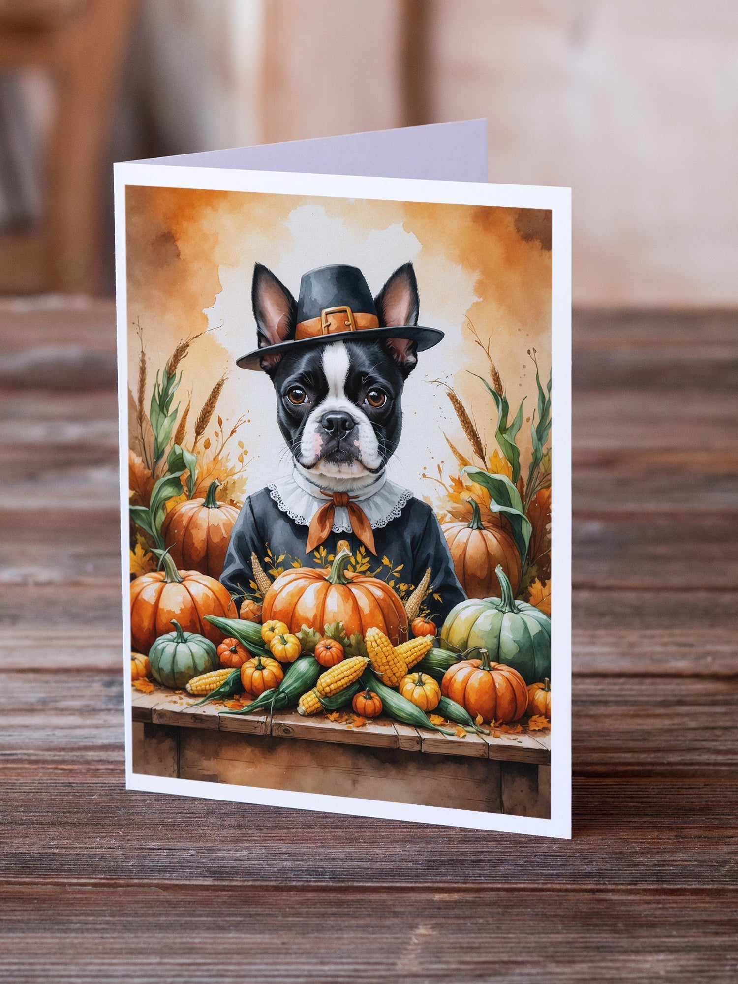 Boston Terrier Thanksgiving Greeting Cards Pack of 8 Blank Cards with Envelopes Whimsical A7 Size 5x7