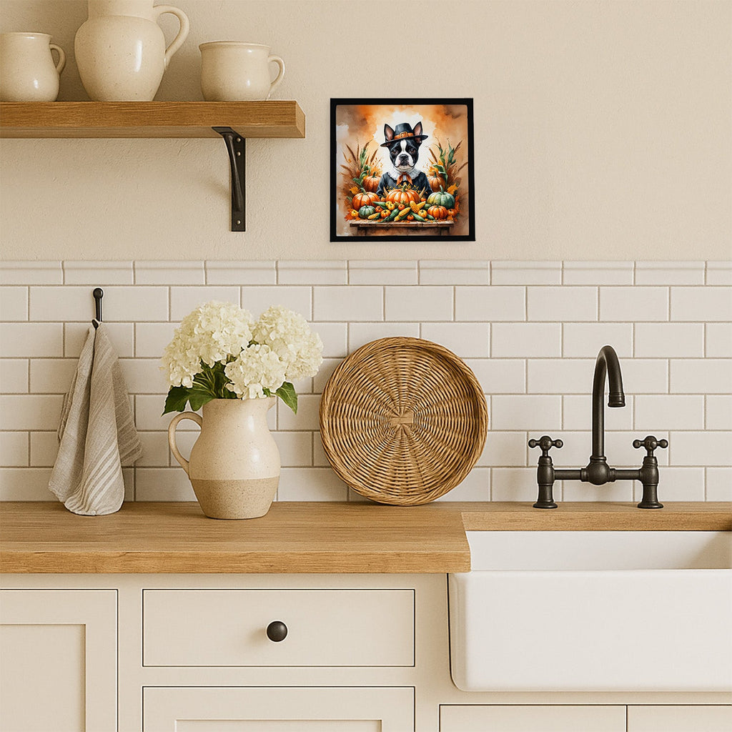 Boston Terrier Thanksgiving Framed Metal Print Bathroom, Kitchen, Office, Home Decor Wall Art Ready to Hang, Square, 8X8