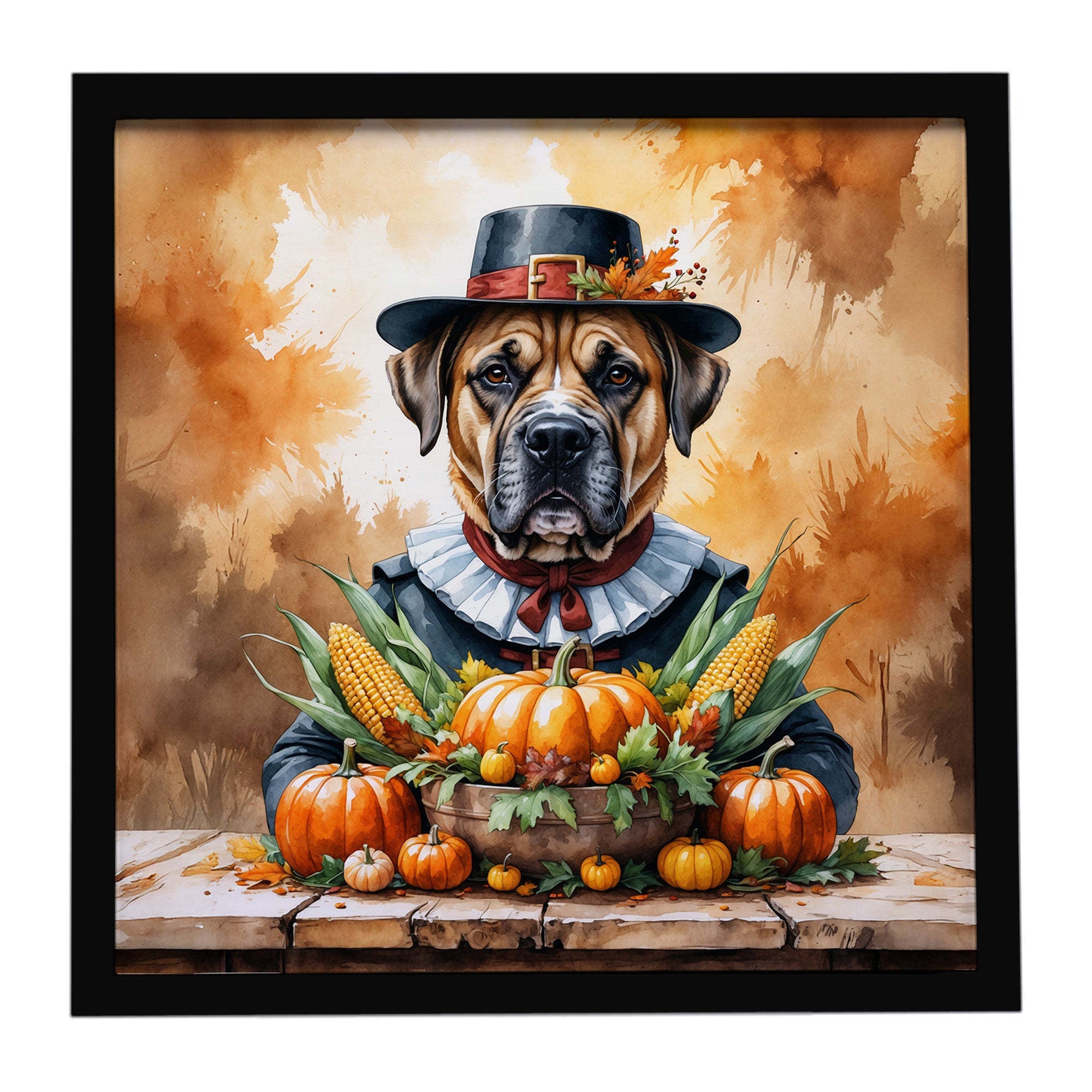 Bullmastiff Thanksgiving Framed Metal Print Bathroom, Kitchen, Office, Home Decor Wall Art Ready to Hang, Square, 8X8
