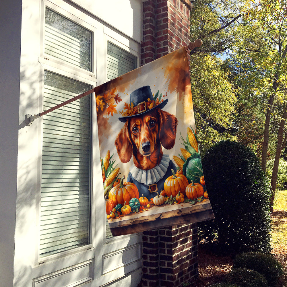 Red Brown Dachshund Thanksgiving House Flag 28x40 Porch Sleeve Pole Decorative Outside Yard Banner Artwork Wall Hanging, Polyester