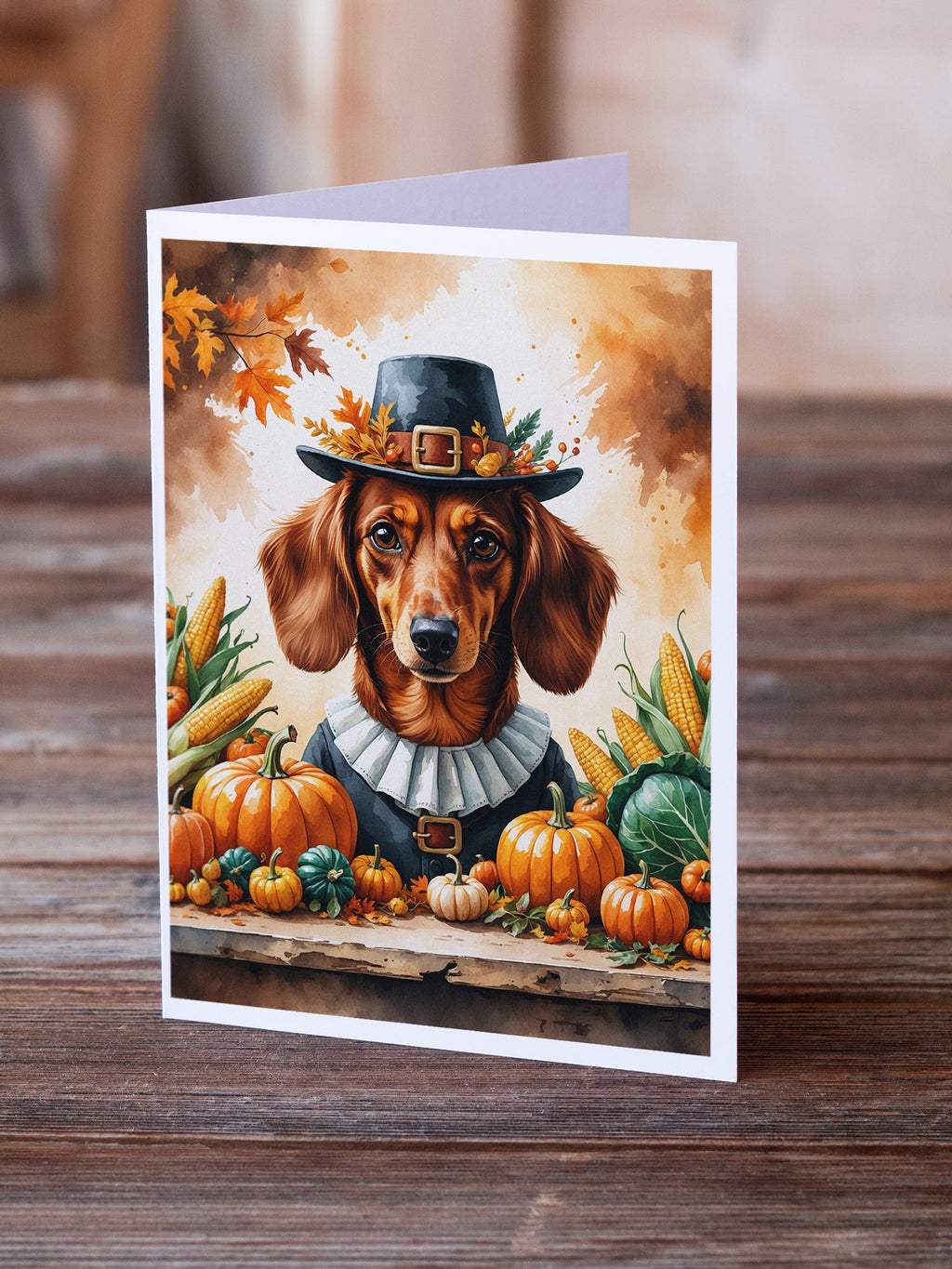 Red Brown Dachshund Thanksgiving Greeting Cards Pack of 8 Blank Cards with Envelopes Whimsical A7 Size 5x7