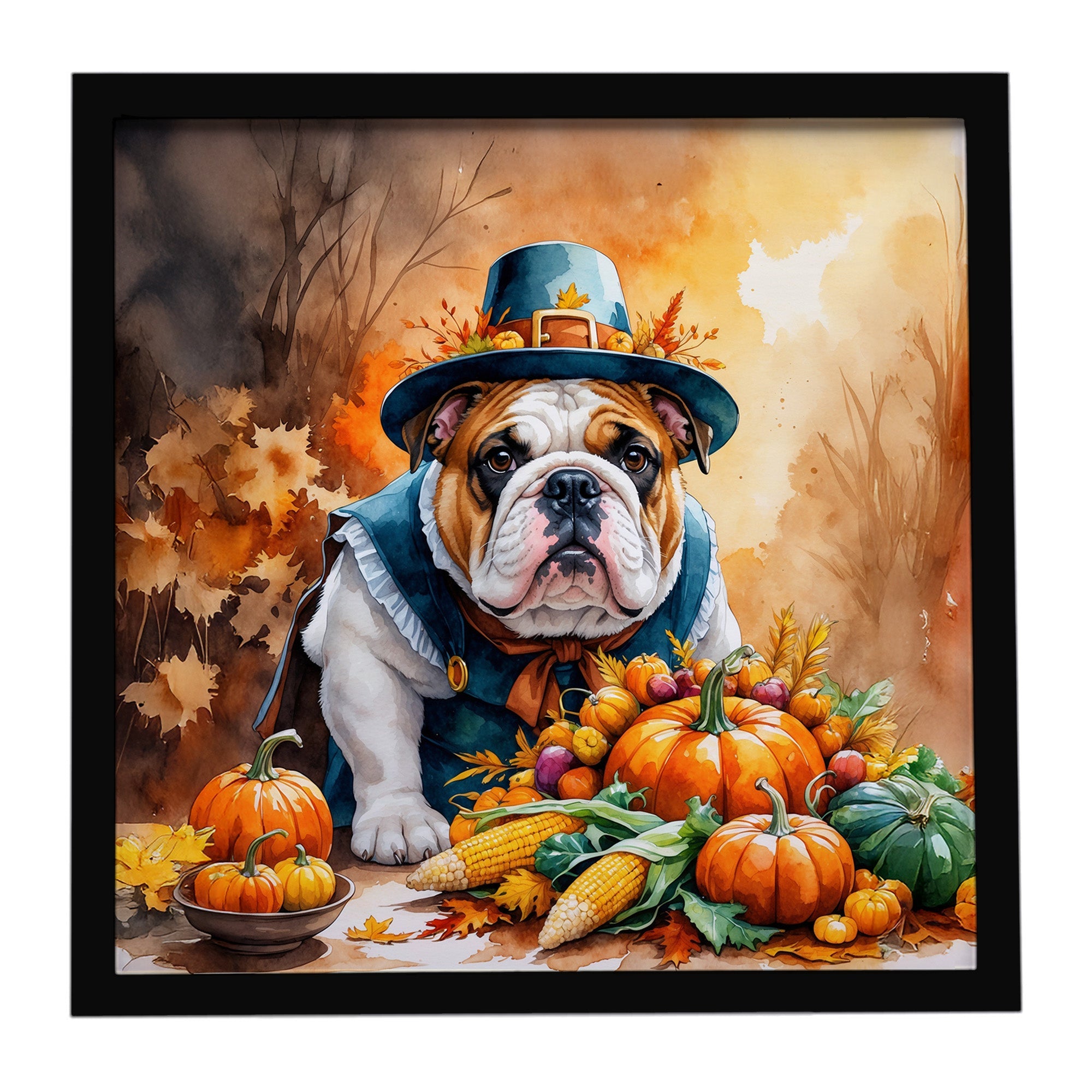 English Bulldog Thanksgiving Framed Metal Print Bathroom, Kitchen, Office, Home Decor Wall Art Ready to Hang, Square, 8X8