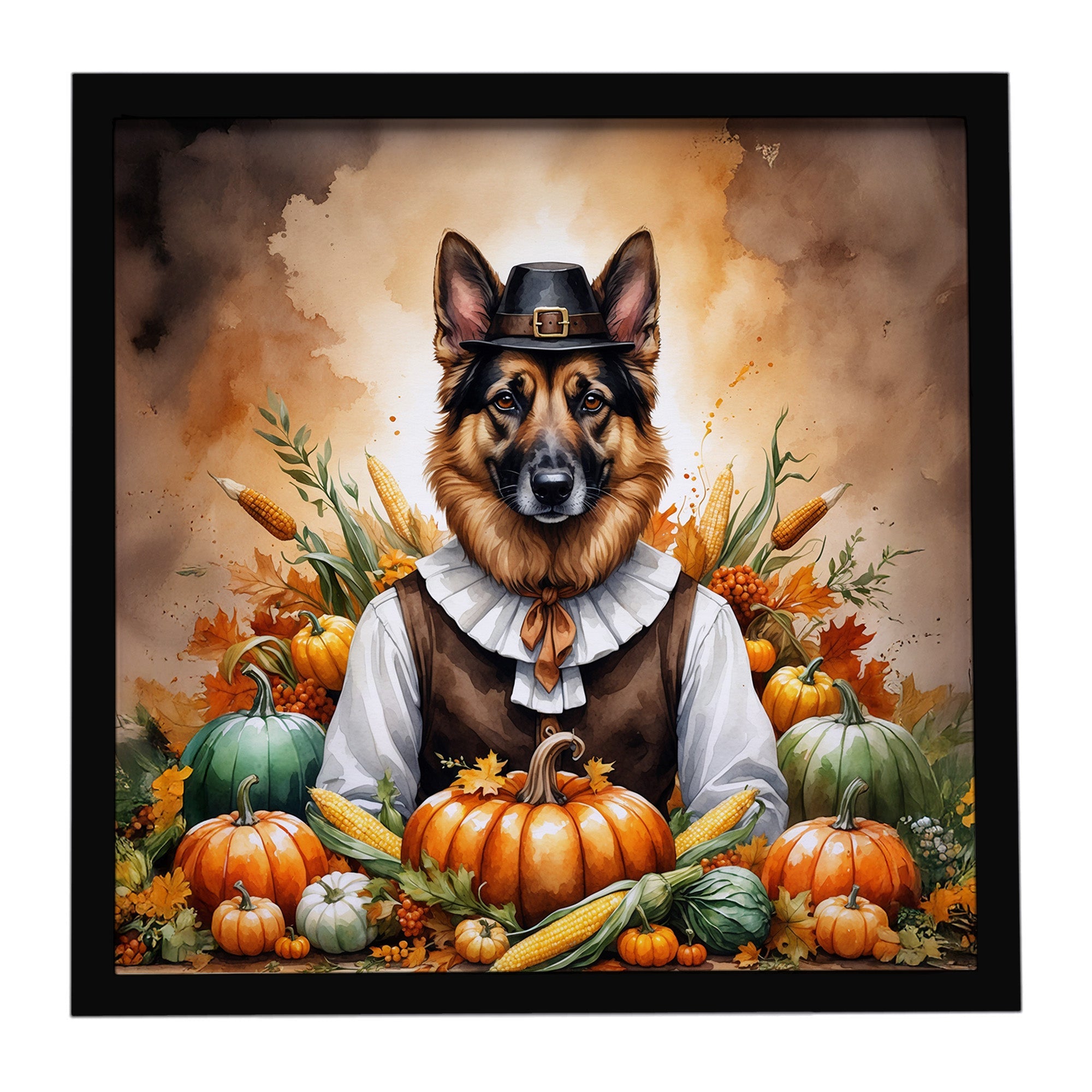 German Shepherd Thanksgiving Framed Metal Print Bathroom, Kitchen, Office, Home Decor Wall Art Ready to Hang, Square, 8X8