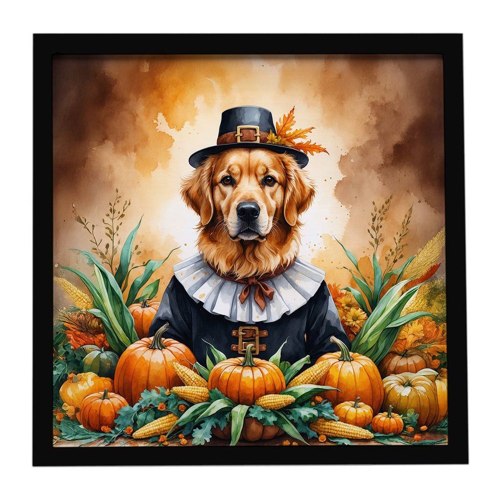 Golden Retriever Thanksgiving Framed Metal Print Bathroom, Kitchen, Office, Home Decor Wall Art Ready to Hang, Square, 8X8