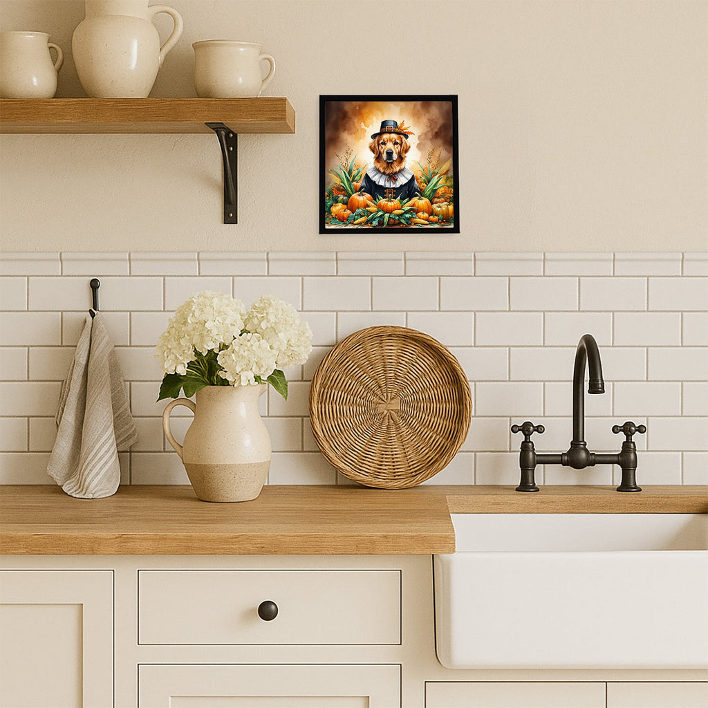 Golden Retriever Thanksgiving Framed Metal Print Bathroom, Kitchen, Office, Home Decor Wall Art Ready to Hang, Square, 8X8
