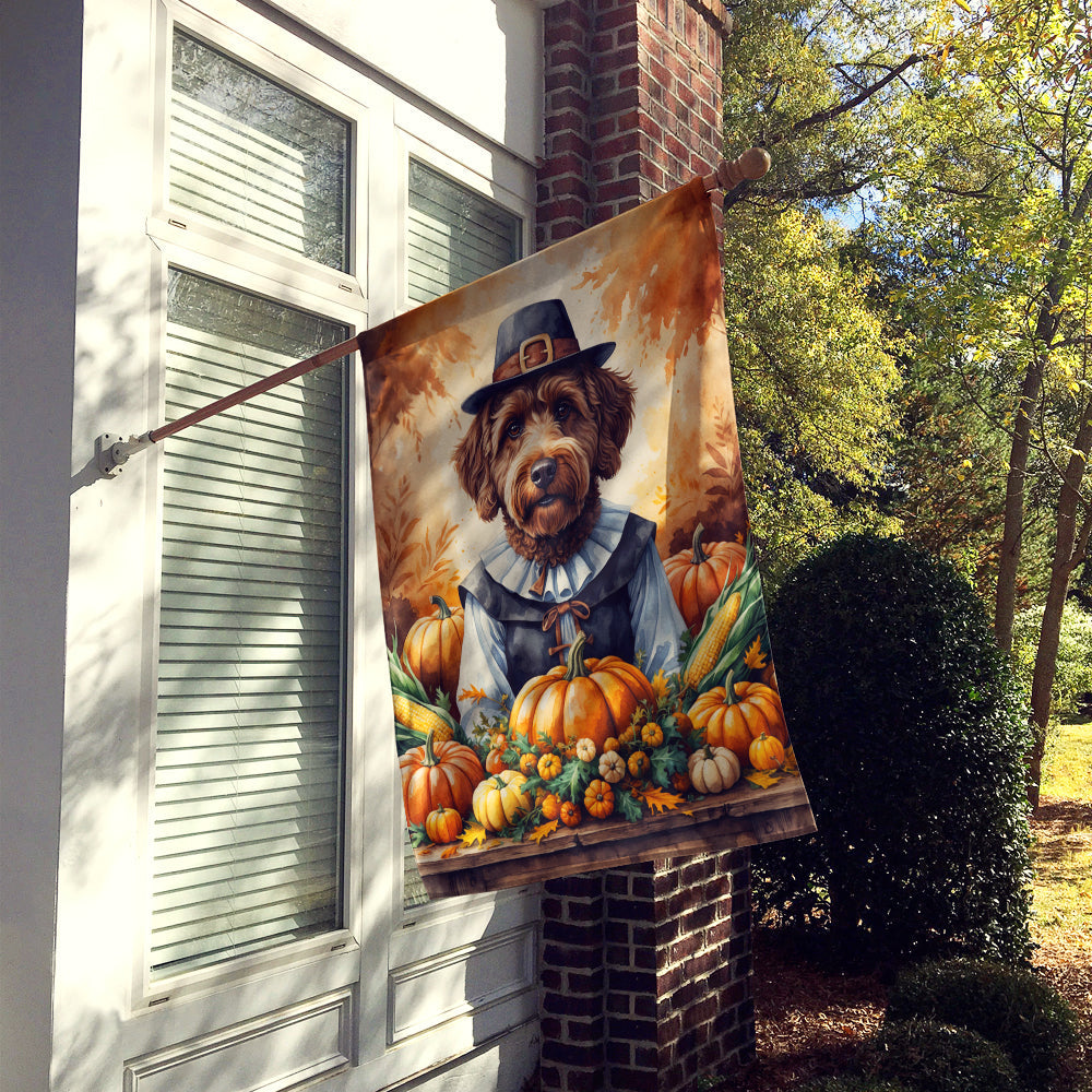 Chocolate Labradoodle Thanksgiving House Flag 28x40 Porch Sleeve Pole Decorative Outside Yard Banner Artwork Wall Hanging, Polyester