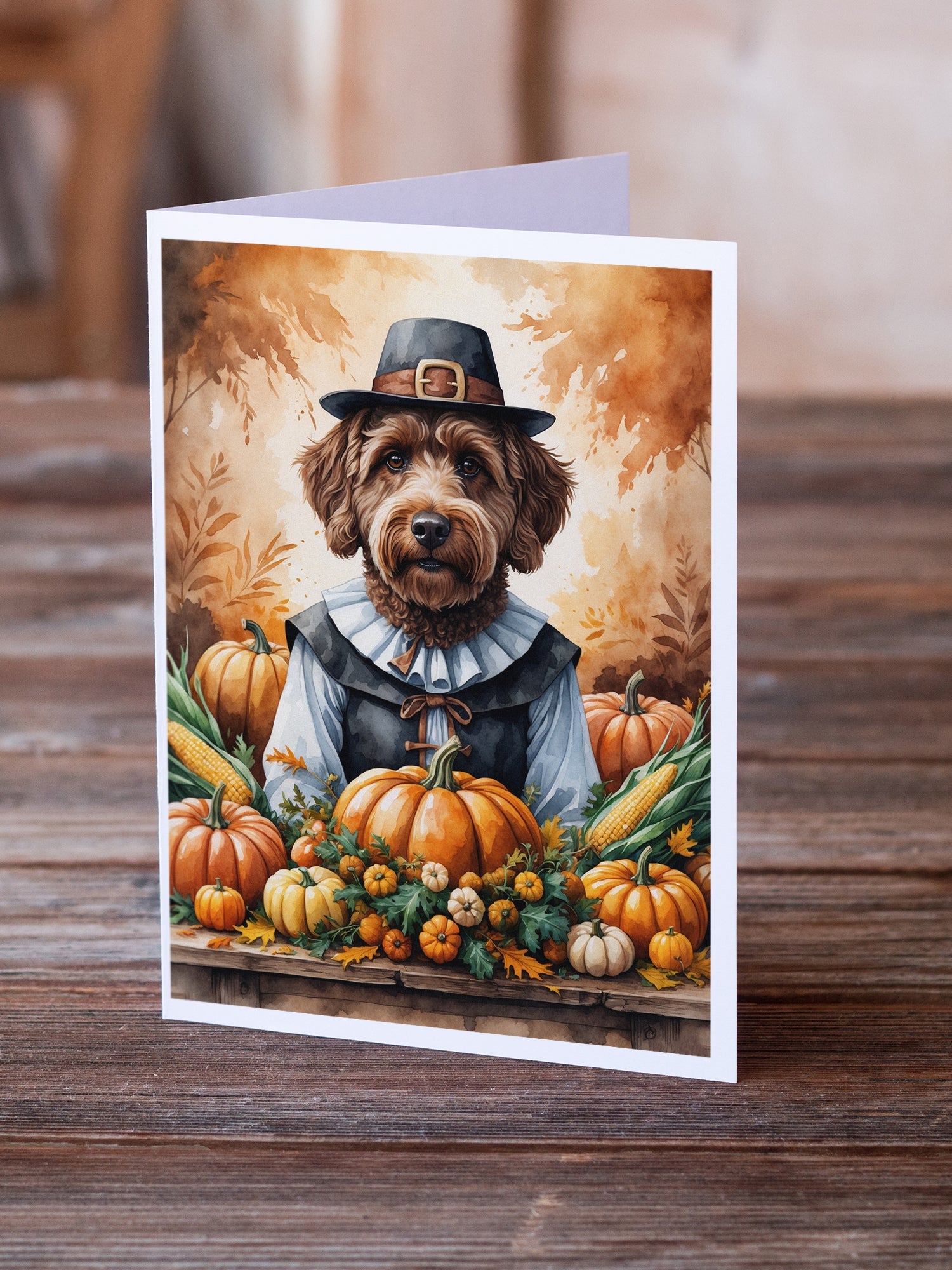 Chocolate Labradoodle Thanksgiving Greeting Cards Pack of 8 Blank Cards with Envelopes Whimsical A7 Size 5x7