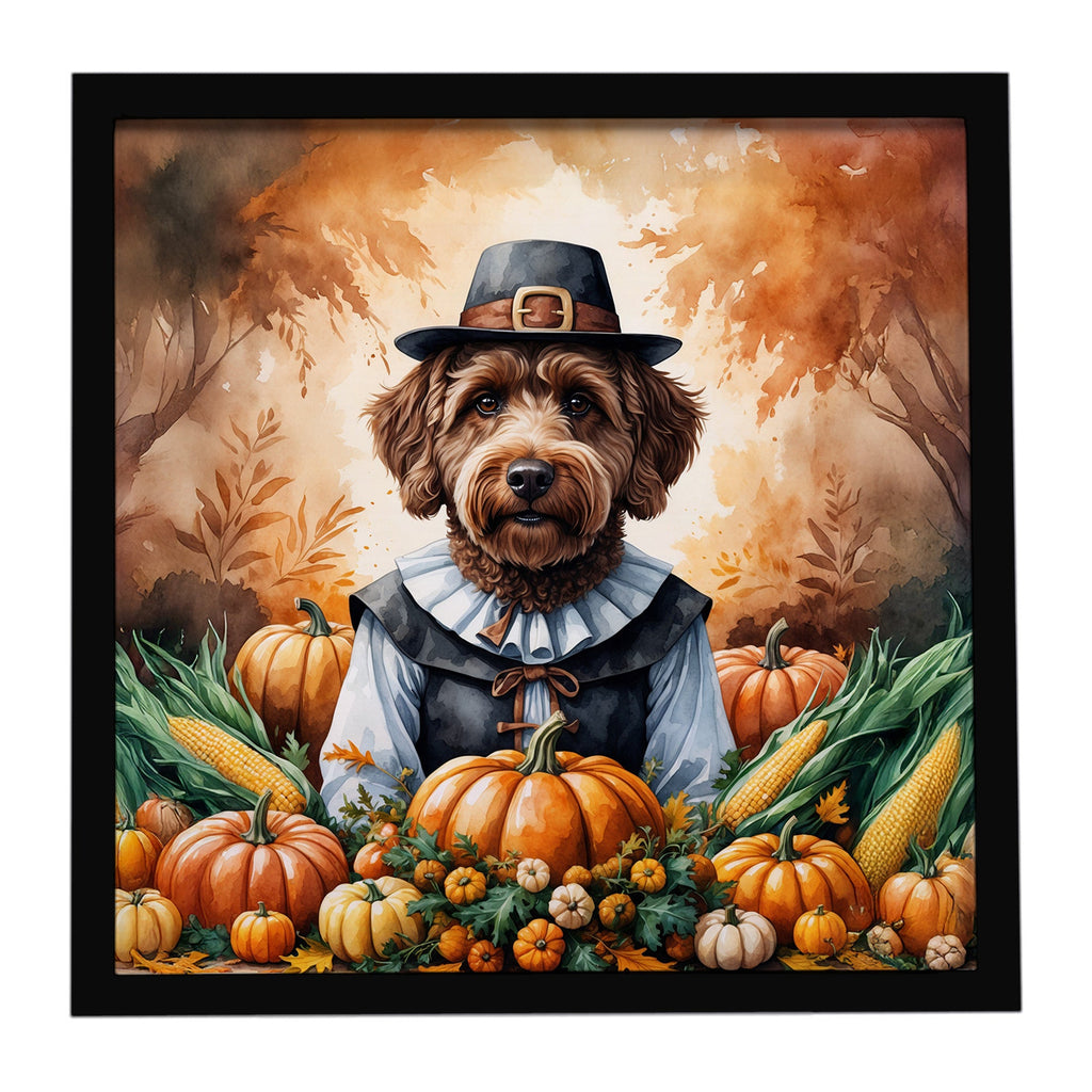 Chocolate Labradoodle Thanksgiving Framed Metal Print Bathroom, Kitchen, Office, Home Decor Wall Art Ready to Hang, Square, 8X8