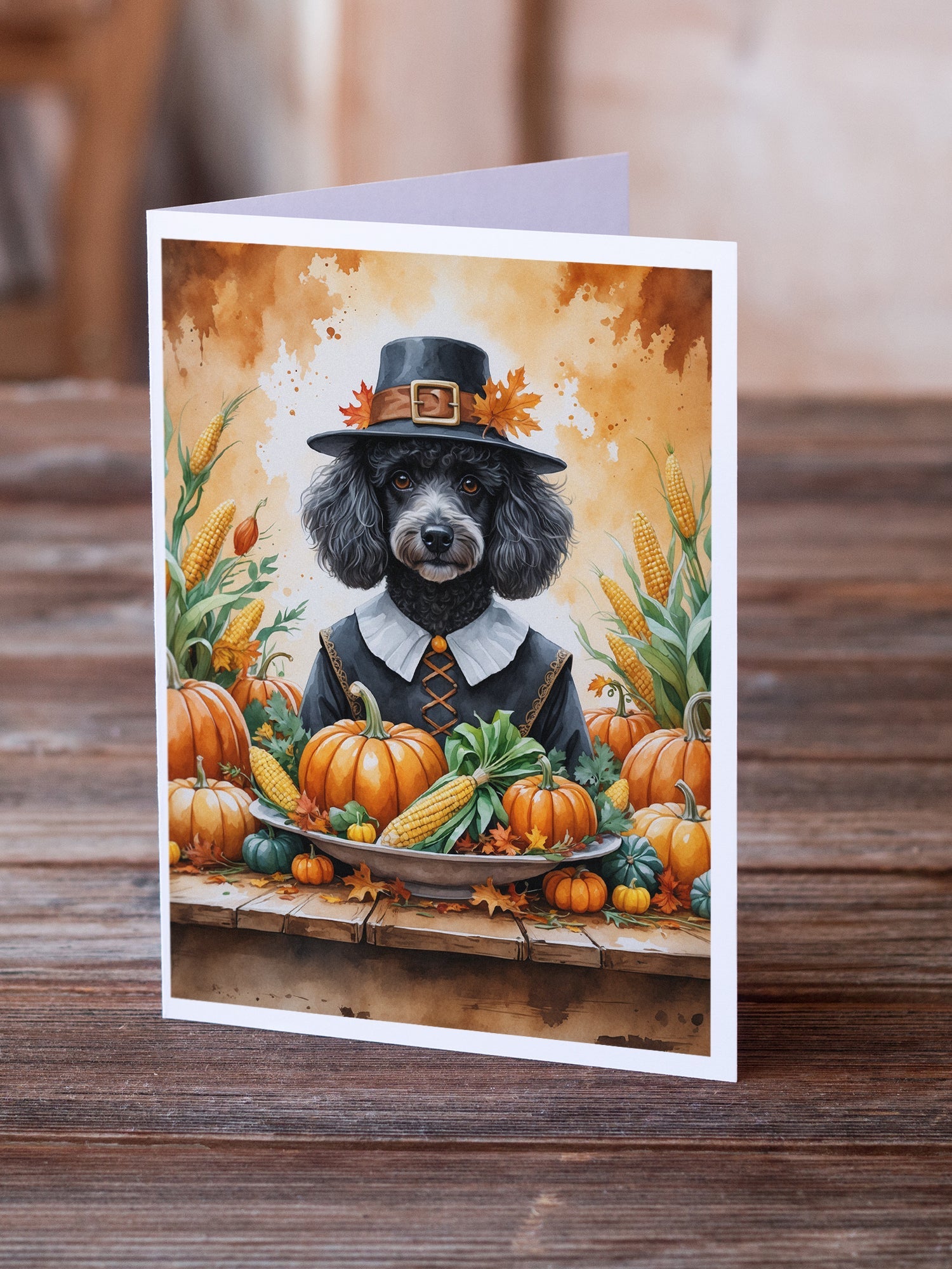 Black Poodle Thanksgiving Greeting Cards Pack of 8 Blank Cards with Envelopes Whimsical A7 Size 5x7