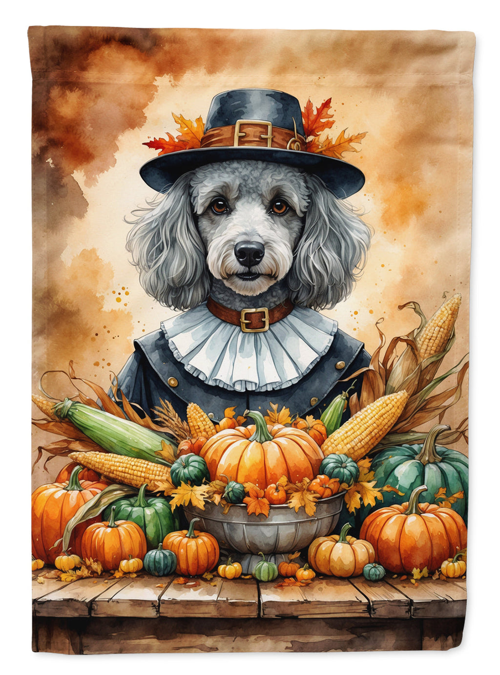 Grey Silver Poodle Thanksgiving House Flag 28x40 Porch Sleeve Pole Decorative Outside Yard Banner Artwork Wall Hanging, Polyester
