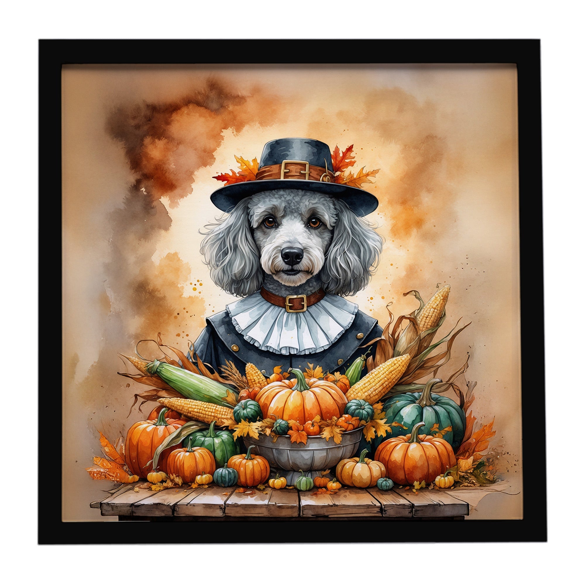 Grey Silver Poodle Thanksgiving Framed Metal Print Bathroom, Kitchen, Office, Home Decor Wall Art Ready to Hang, Square, 8X8