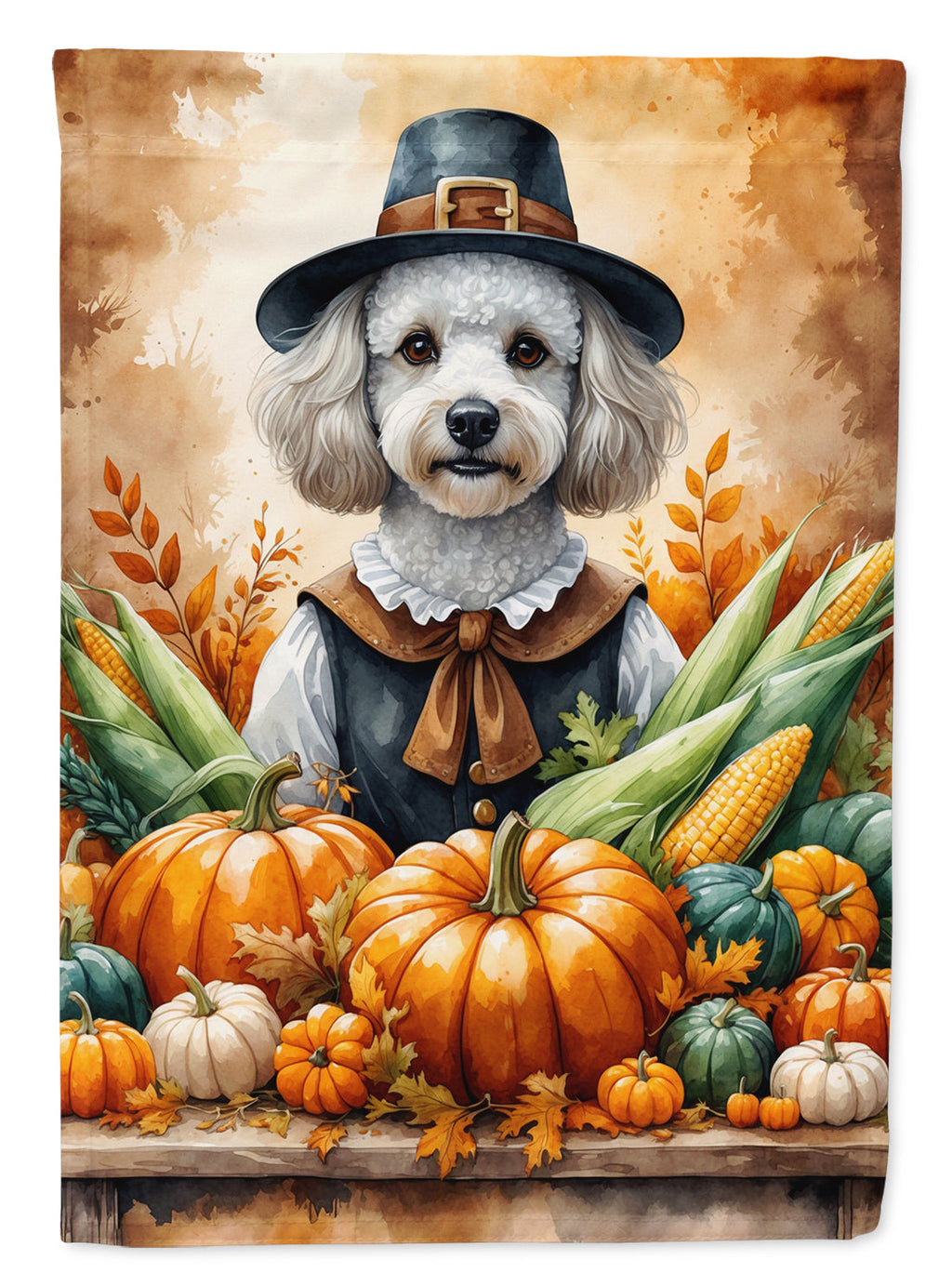 White Poodle Thanksgiving House Flag 28x40 Porch Sleeve Pole Decorative Outside Yard Banner Artwork Wall Hanging, Polyester
