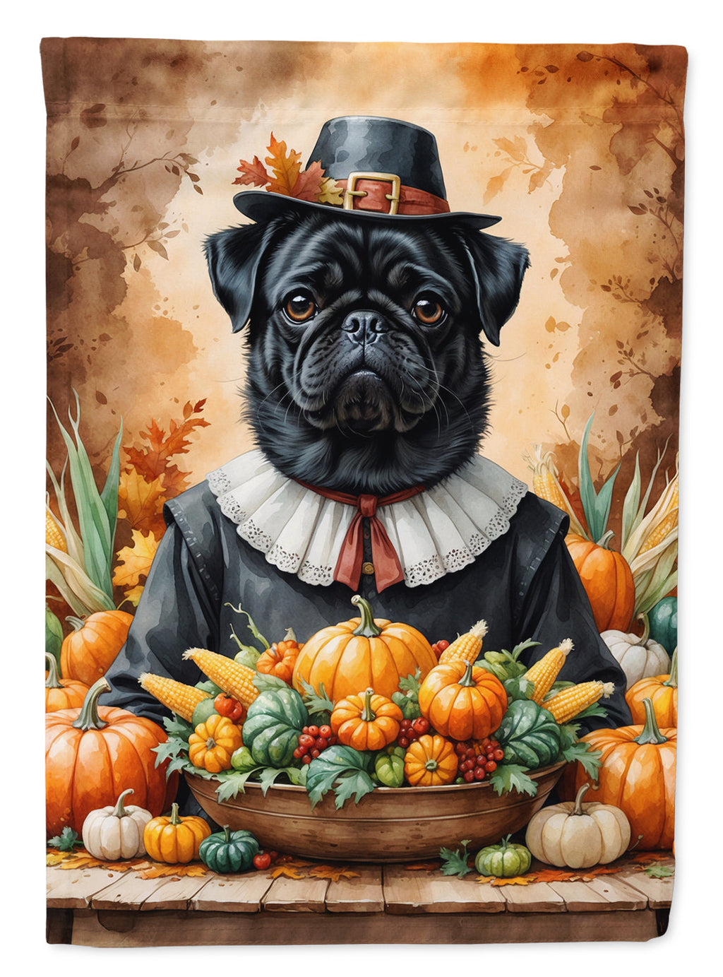 Black Pug Thanksgiving House Flag 28x40 Porch Sleeve Pole Decorative Outside Yard Banner Artwork Wall Hanging, Polyester