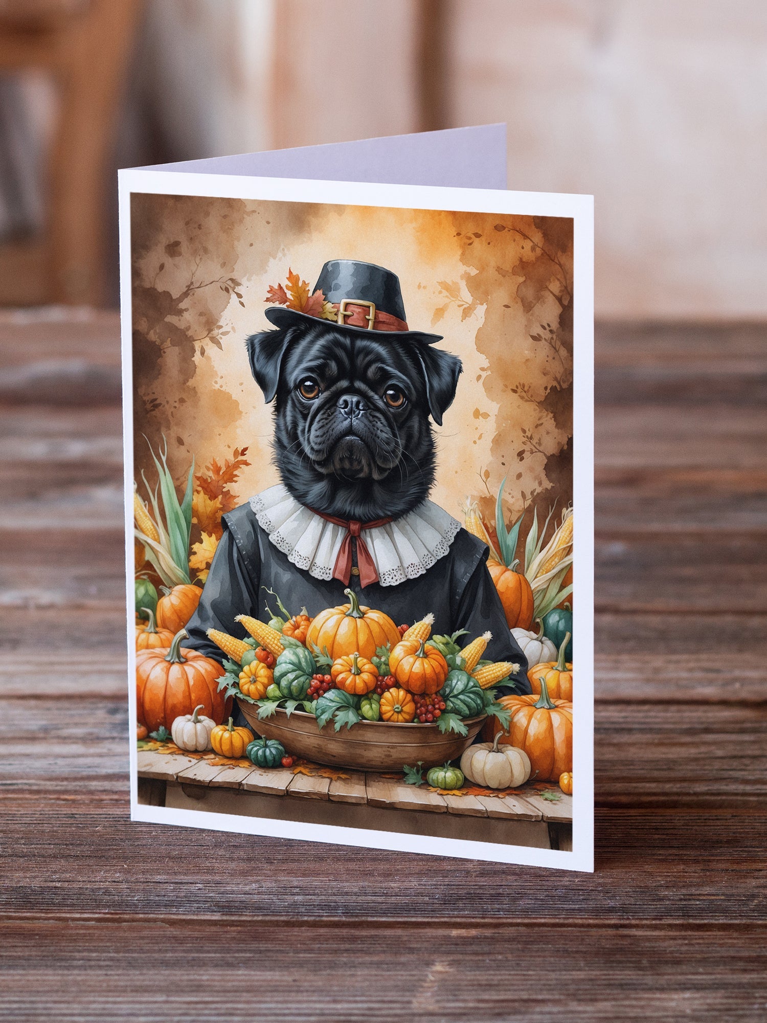 Black Pug Thanksgiving Greeting Cards Pack of 8 Blank Cards with Envelopes Whimsical A7 Size 5x7