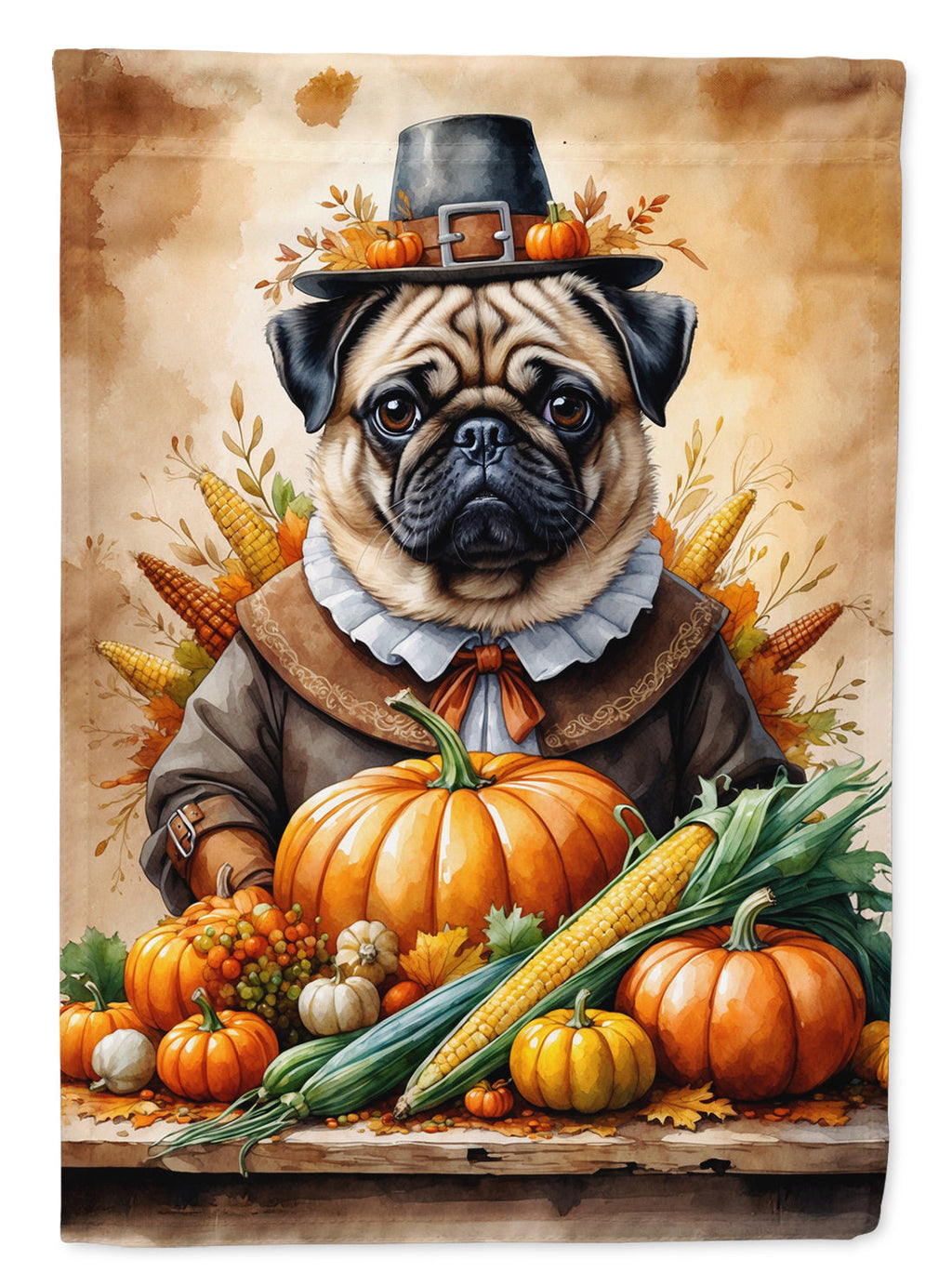 Pug Thanksgiving House Flag 28x40 Porch Sleeve Pole Decorative Outside Yard Banner Artwork Wall Hanging, Polyester