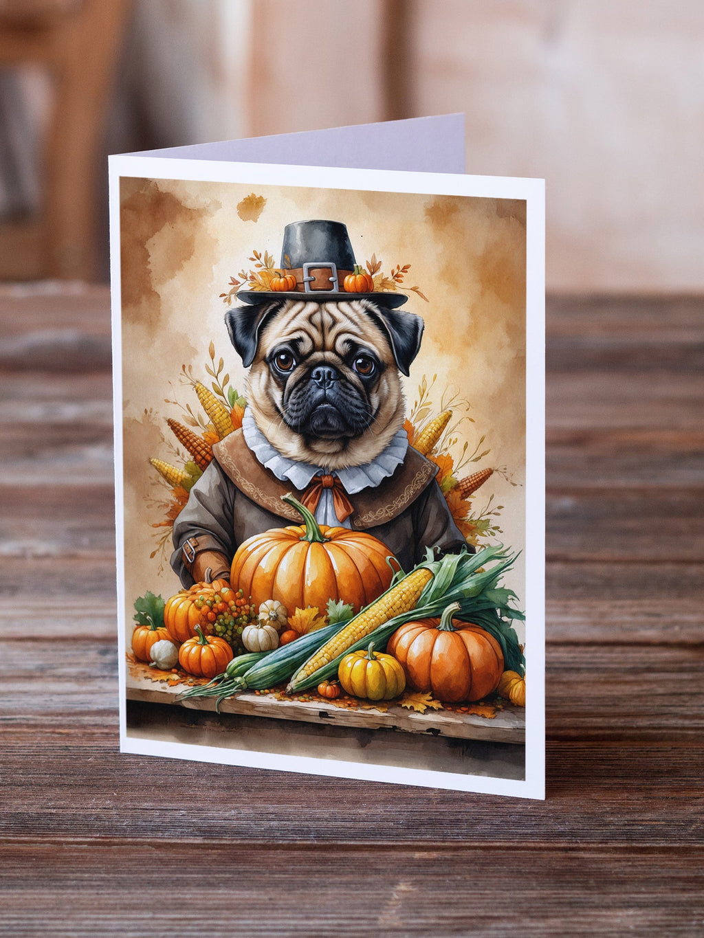 Pug Thanksgiving Greeting Cards Pack of 8 Blank Cards with Envelopes Whimsical A7 Size 5x7