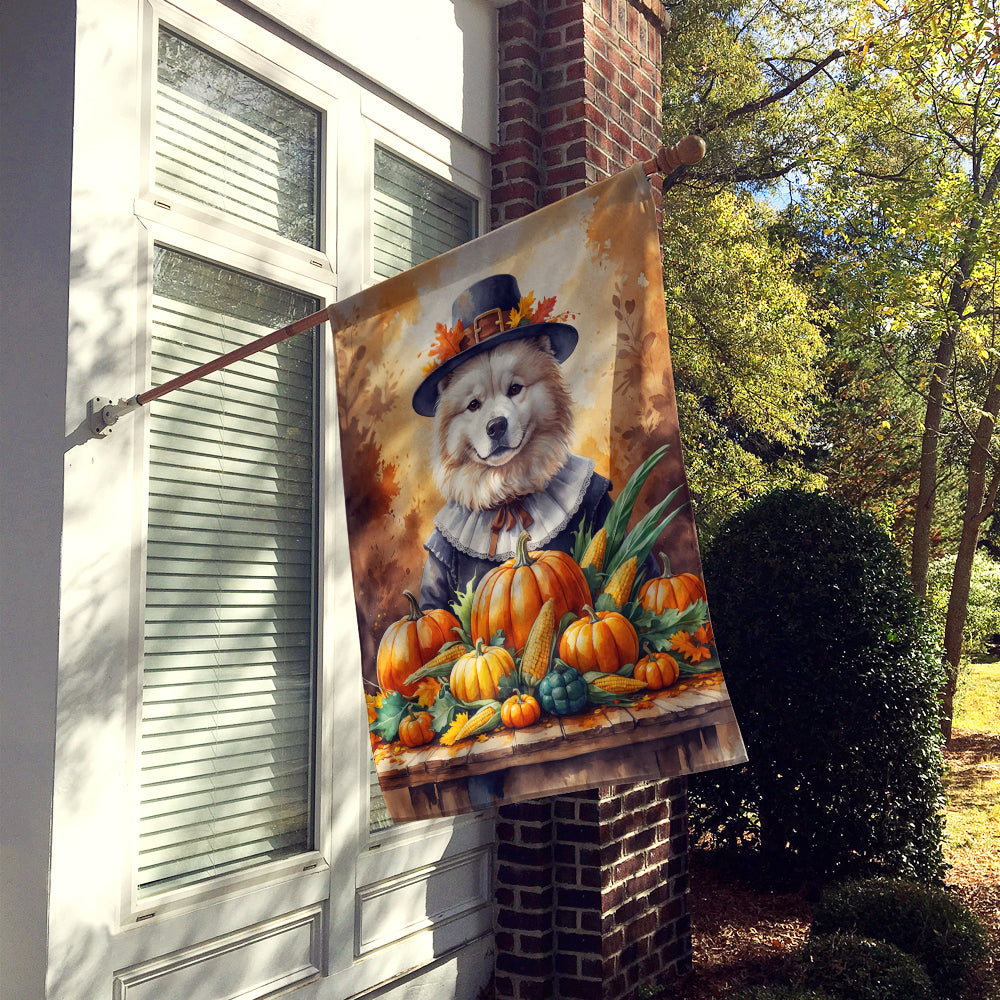 Samoyed Thanksgiving House Flag 28x40 Porch Sleeve Pole Decorative Outside Yard Banner Artwork Wall Hanging, Polyester