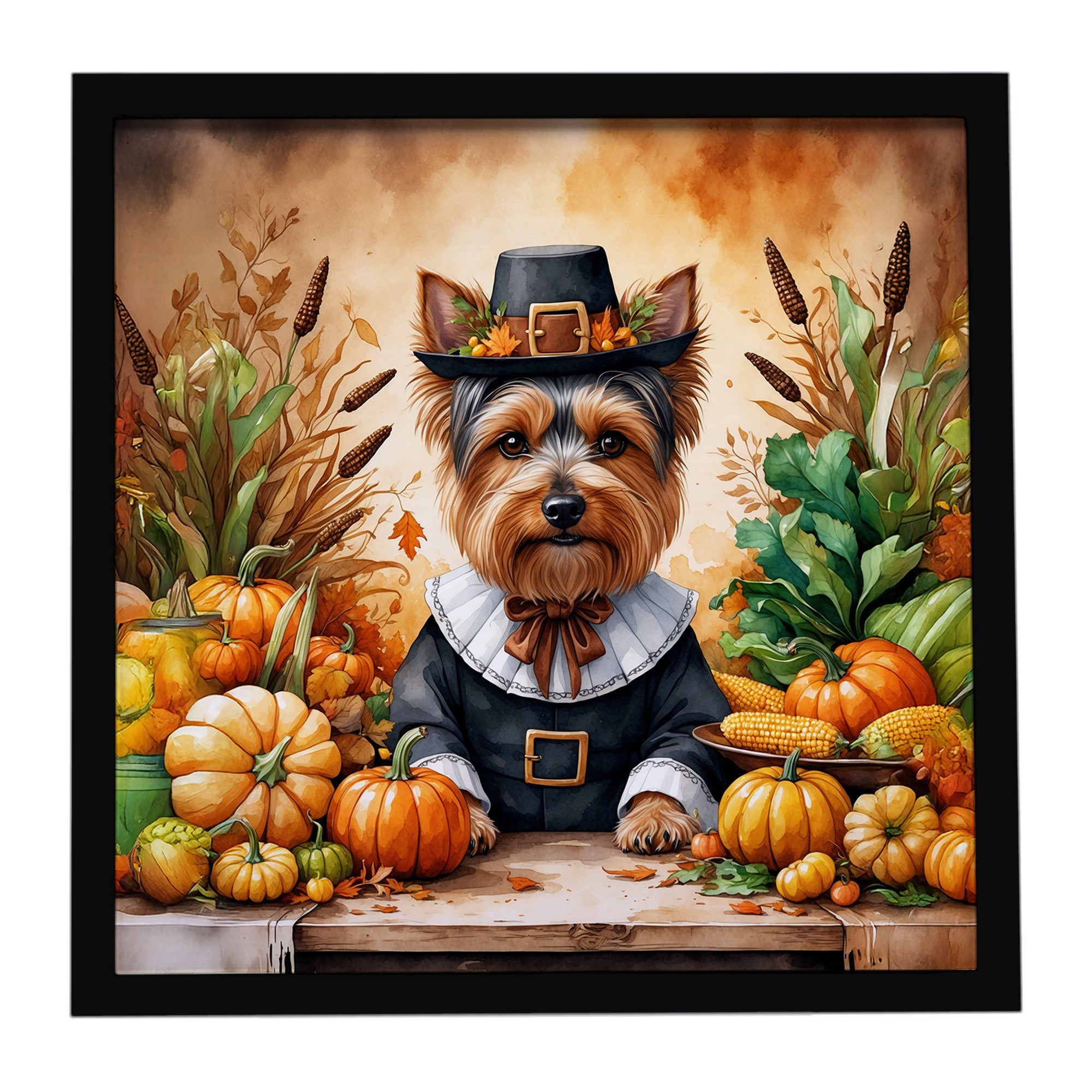 Yorkshire Terrier Thanksgiving Framed Metal Print Bathroom, Kitchen, Office, Home Decor Wall Art Ready to Hang, Square, 8X8