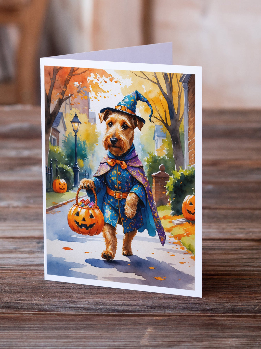 Airedale Terrier Halloween Trick or Treat Greeting Cards Pack of 8 Blank Cards with Envelopes Whimsical A7 Size 5x7