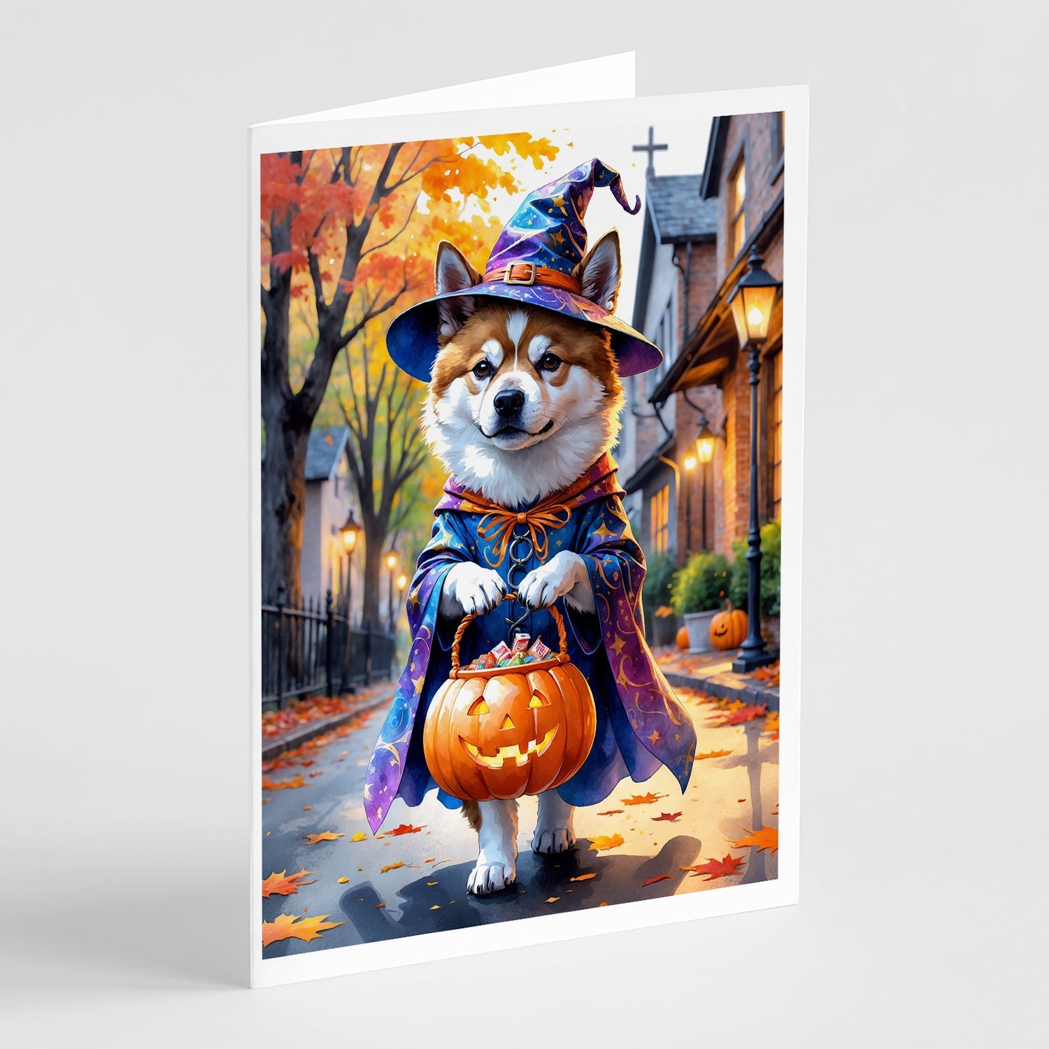 Akita Halloween Trick or Treat Greeting Cards Pack of 8 Blank Cards with Envelopes Whimsical A7 Size 5x7