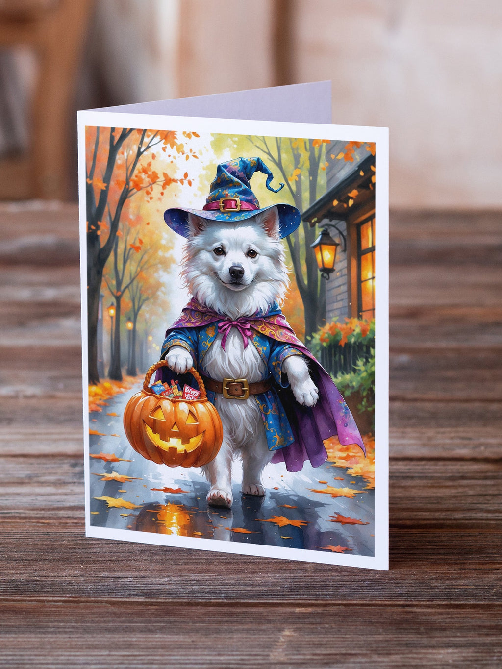 American Eskimo Halloween Trick or Treat Greeting Cards Pack of 8 Blank Cards with Envelopes Whimsical A7 Size 5x7