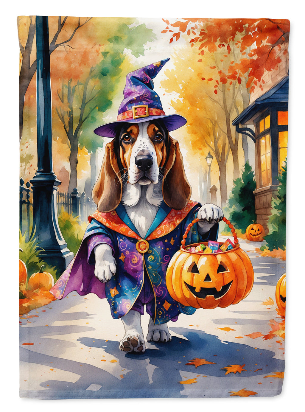 Basset Hound Halloween Trick or Treat House Flag 28x40 Porch Sleeve Pole Decorative Outside Yard Banner Artwork Wall Hanging, Polyester