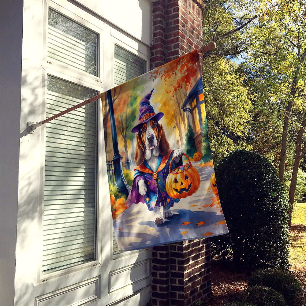 Basset Hound Halloween Trick or Treat House Flag 28x40 Porch Sleeve Pole Decorative Outside Yard Banner Artwork Wall Hanging, Polyester