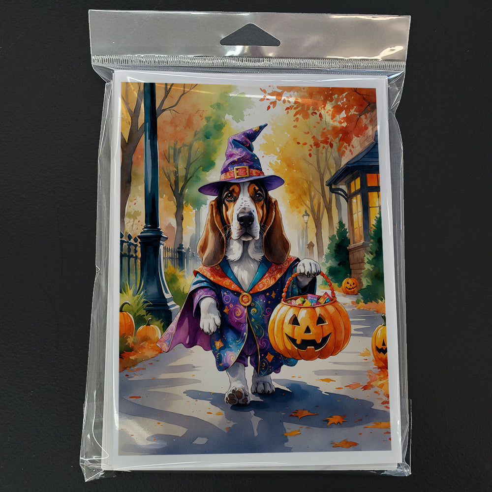 Basset Hound Halloween Trick or Treat Greeting Cards Pack of 8 Blank Cards with Envelopes Whimsical A7 Size 5x7