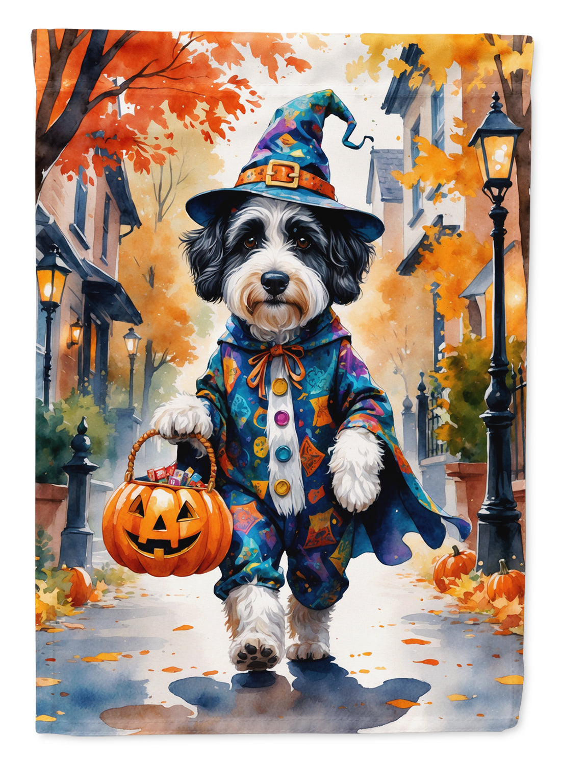 Bernedoodle Halloween Trick or Treat House Flag 28x40 Porch Sleeve Pole Decorative Outside Yard Banner Artwork Wall Hanging, Polyester